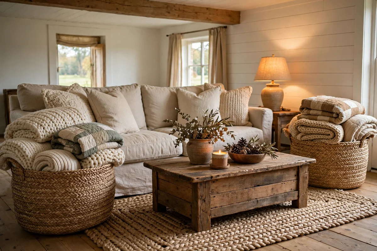Country living room with woven seagrass baskets holding blankets