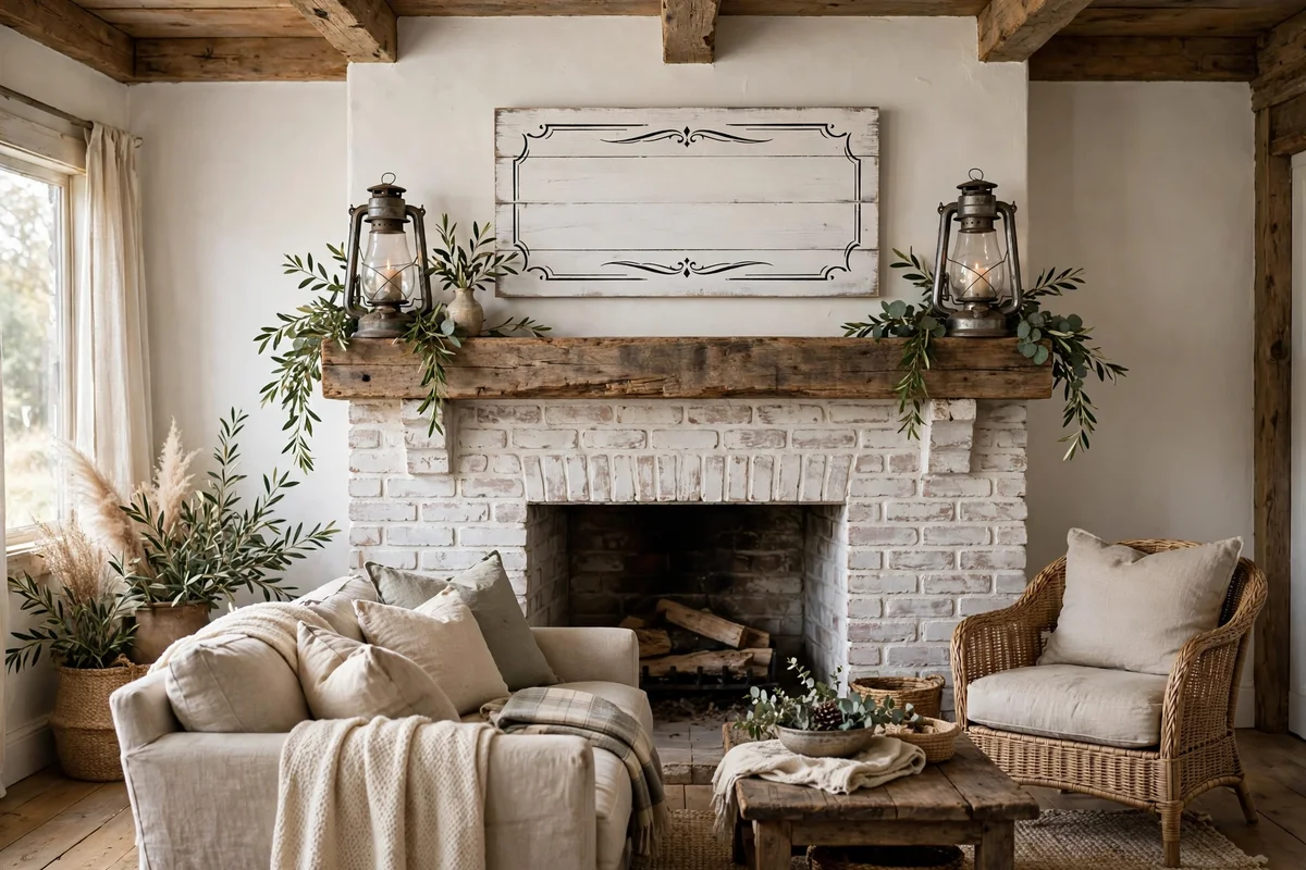 Country living room with hand painted farmhouse sign above mantel
