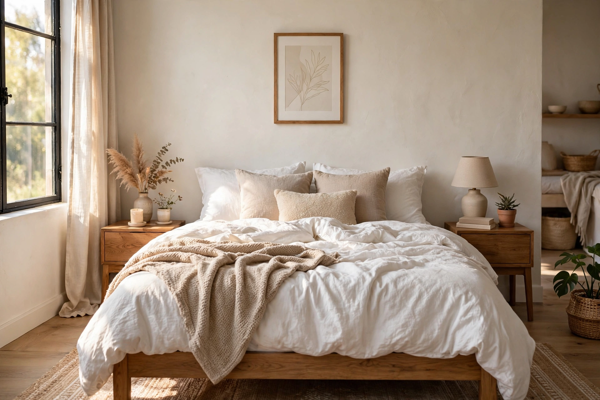 Queen bed with plush bedding in a cozy studio apartment sleeping zone for two