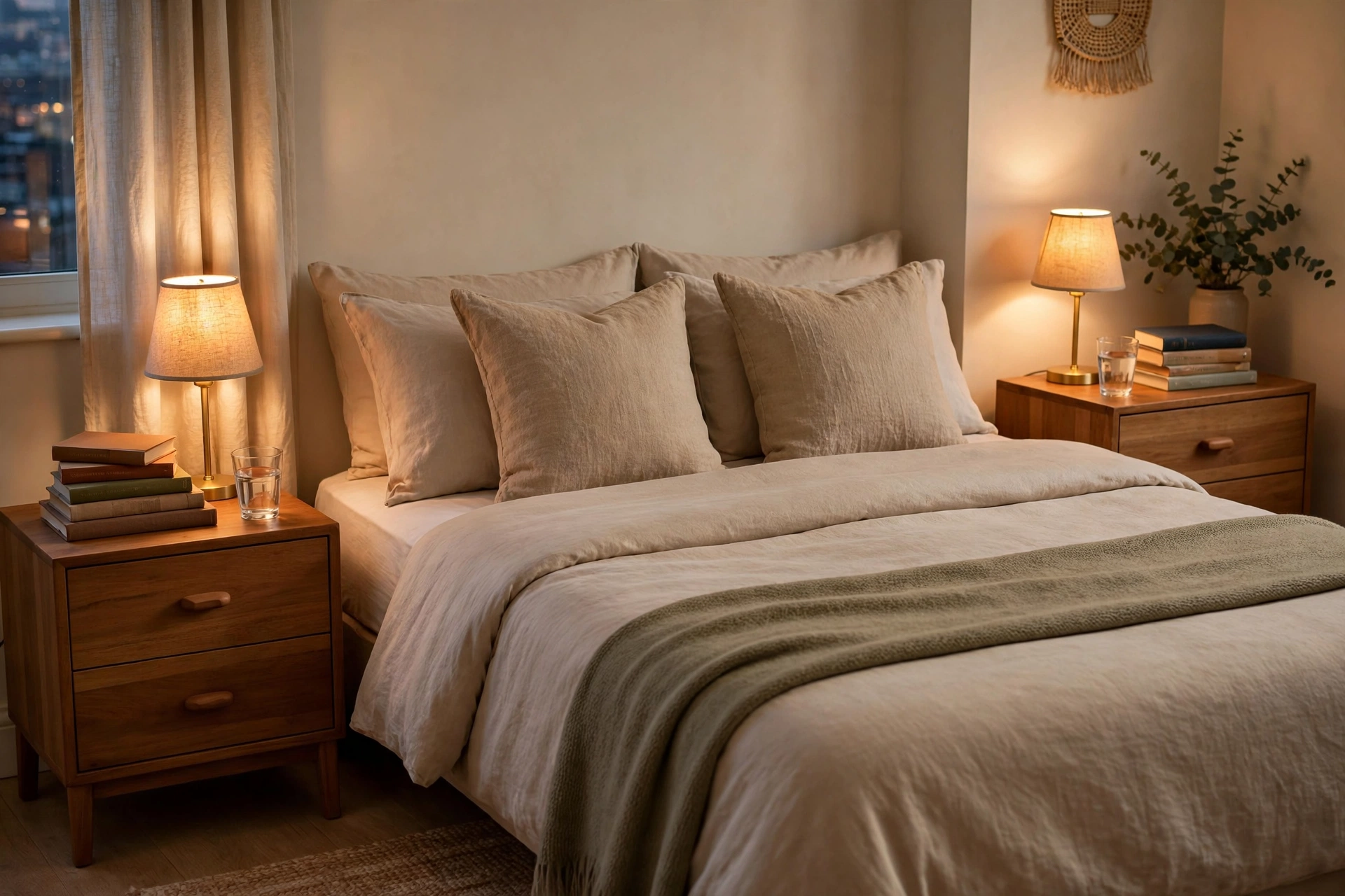 Two matching nightstands with lamps on both sides of a bed in a studio apartment