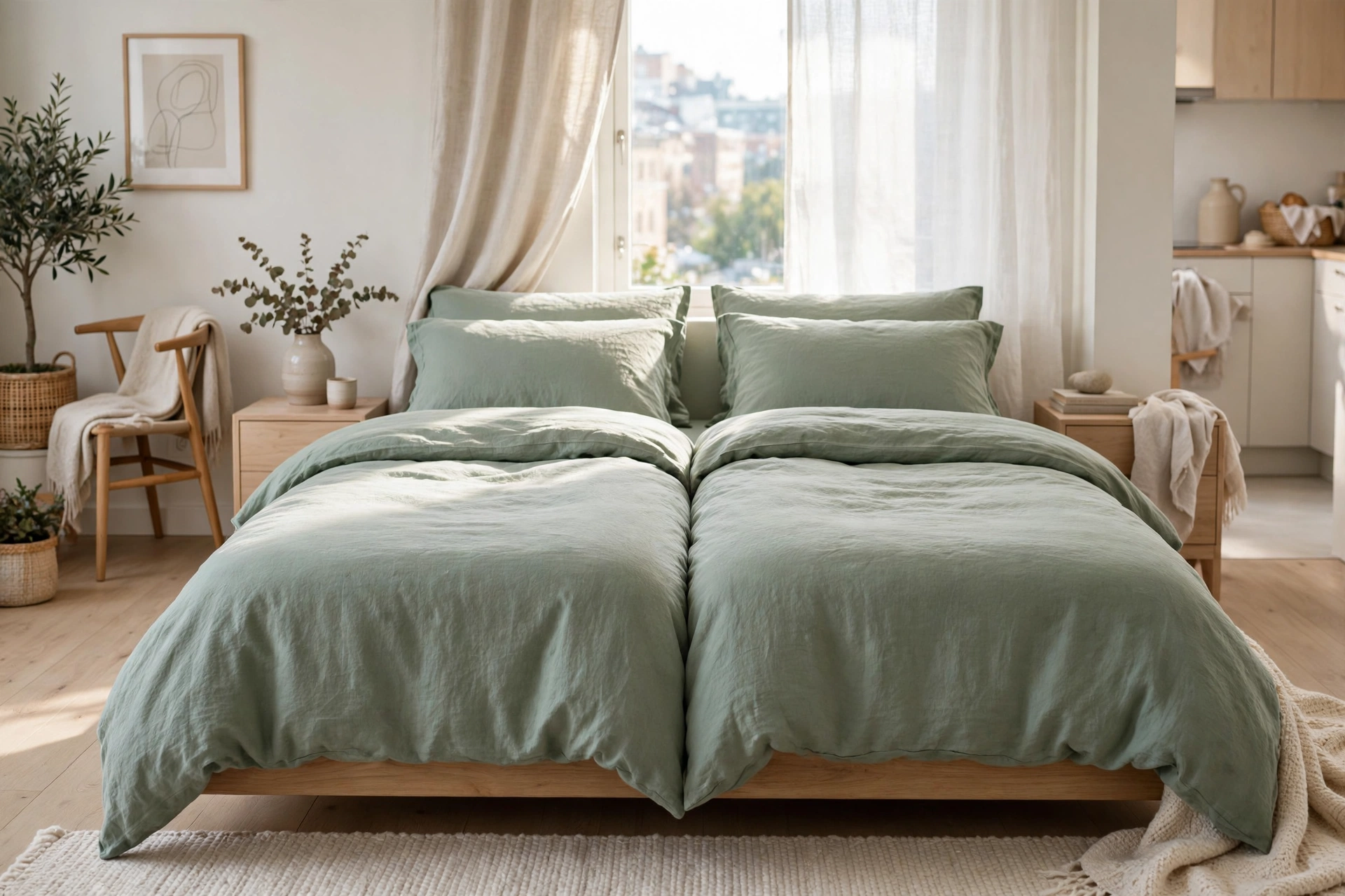 Bed with two separate duvets in matching covers, Scandinavian sleep method in a studio