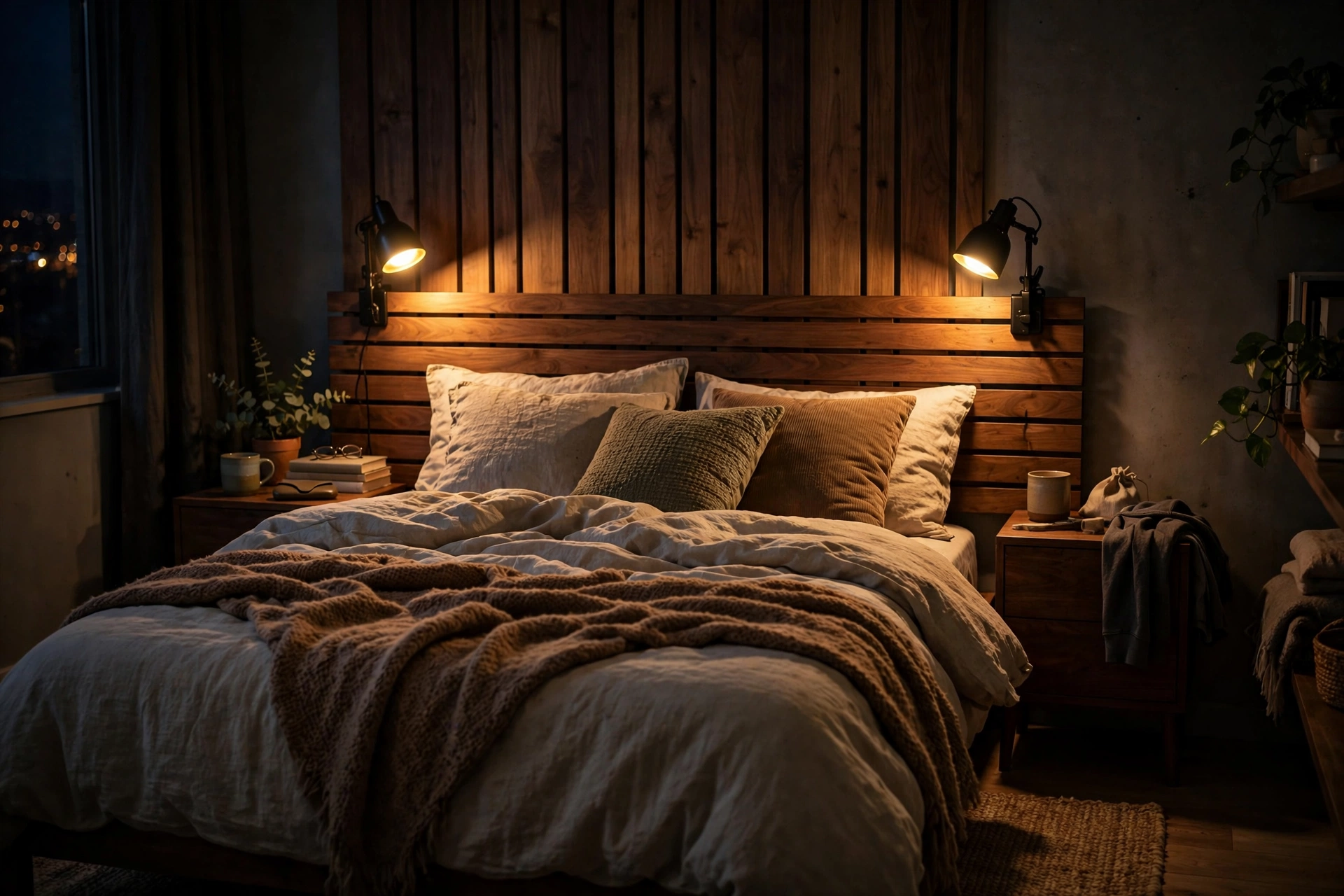 Bed with individual clip-on reading lights on each side in a dark studio bedroom zone