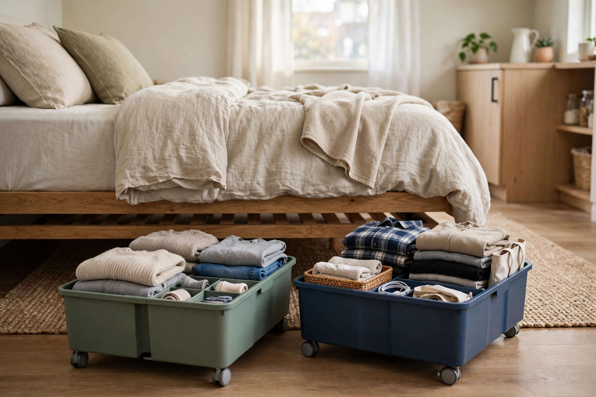 Under-bed rolling storage bins in two colors, split between partners in a studio