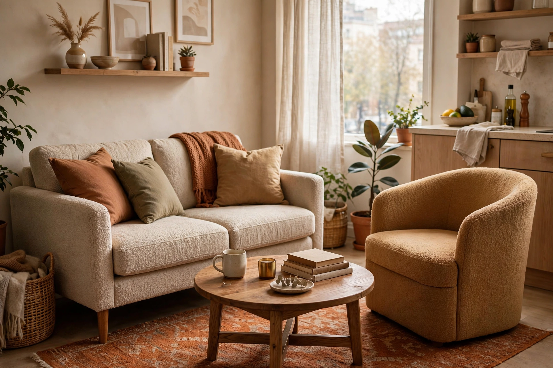 Loveseat and accent chair arranged for two in a small studio apartment living zone