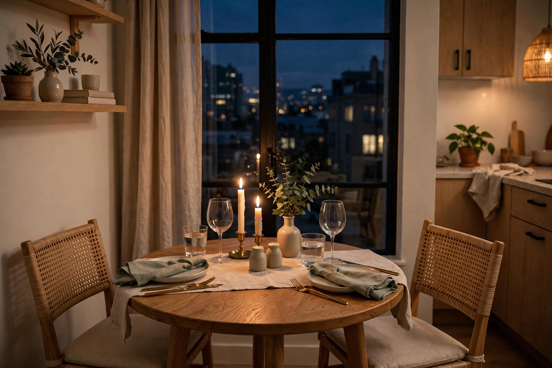 Small round dining table set for two with candles in a studio apartment dining nook