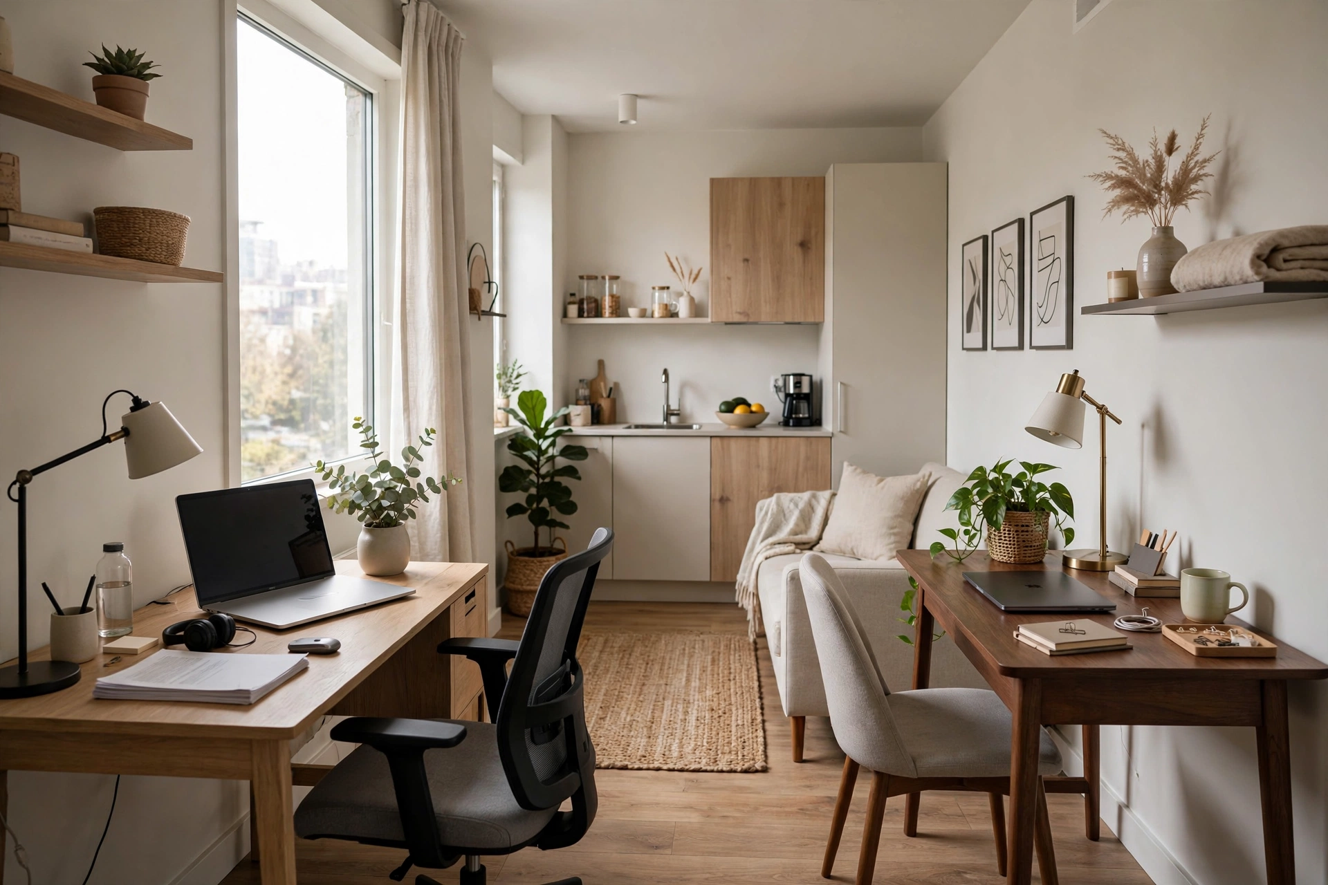 Two separate small desk workstations facing opposite walls in a studio apartment