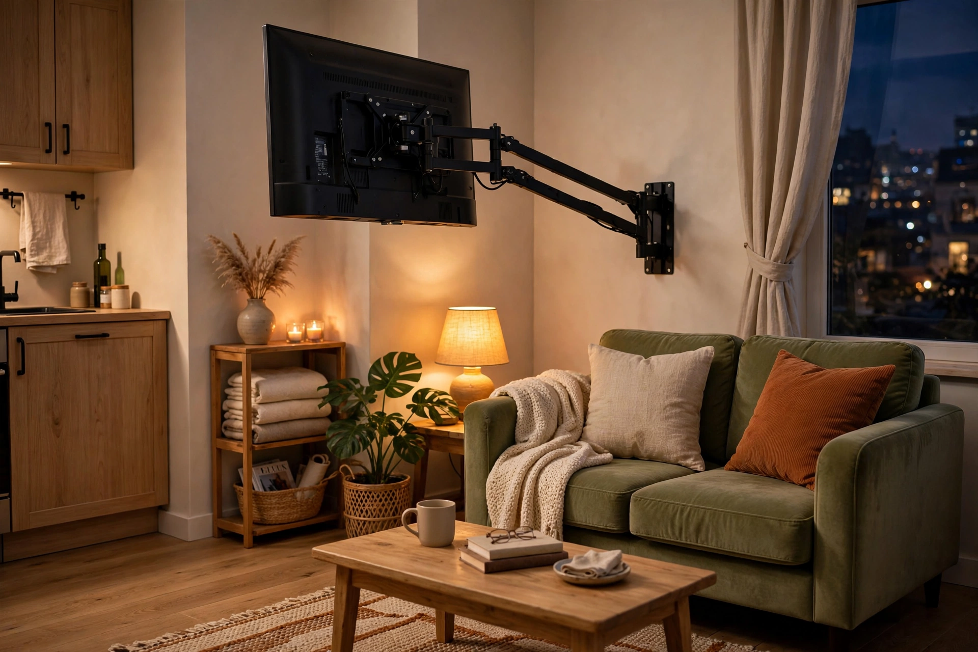 Wall-mounted TV on articulating arm angled toward seating in a studio apartment living area