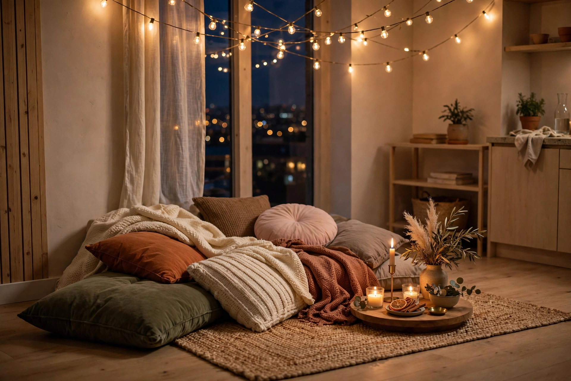 Romantic corner with floor cushions, candles and string lights for date night in a studio