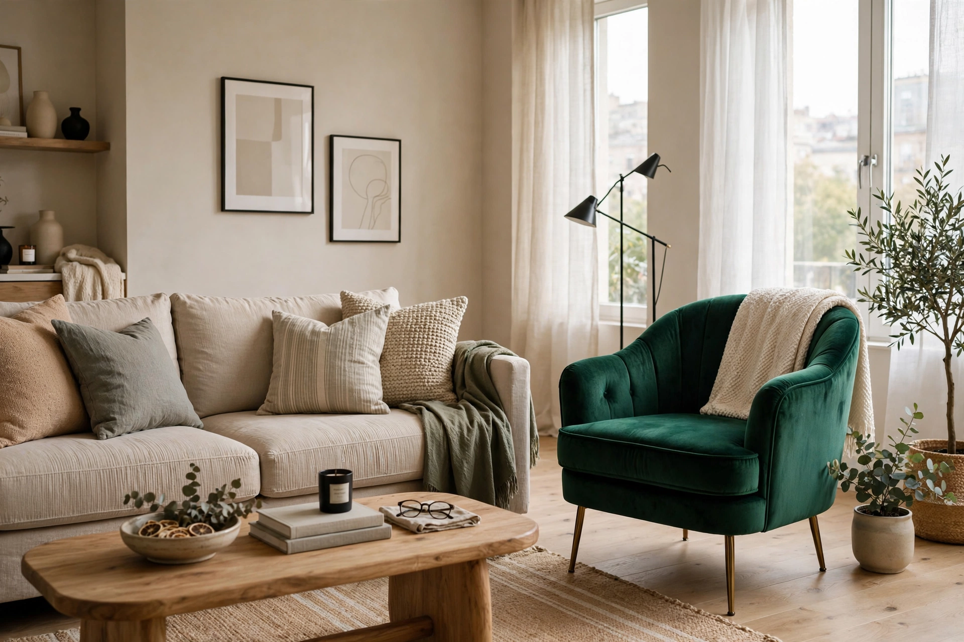 Neutral studio living room with one bold accent chair showing style compromise for couples