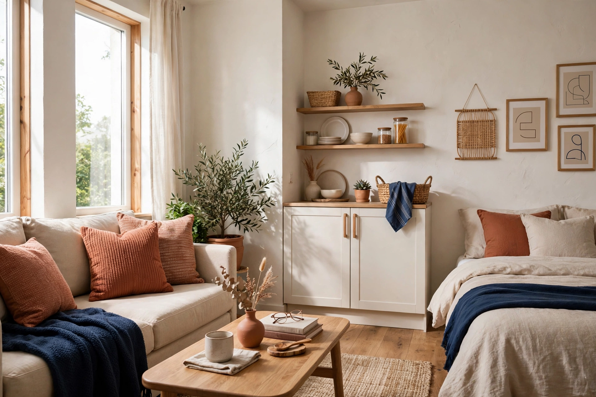 Studio apartment in warm neutrals with terracotta and navy accents, couple compromise palette