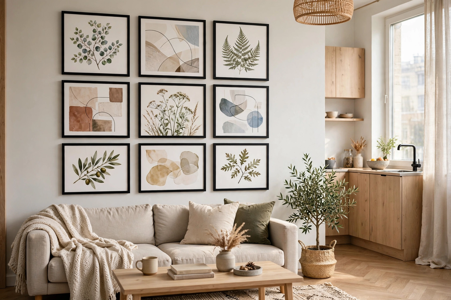 Gallery wall with matching frames mixing two different art styles in a studio apartment