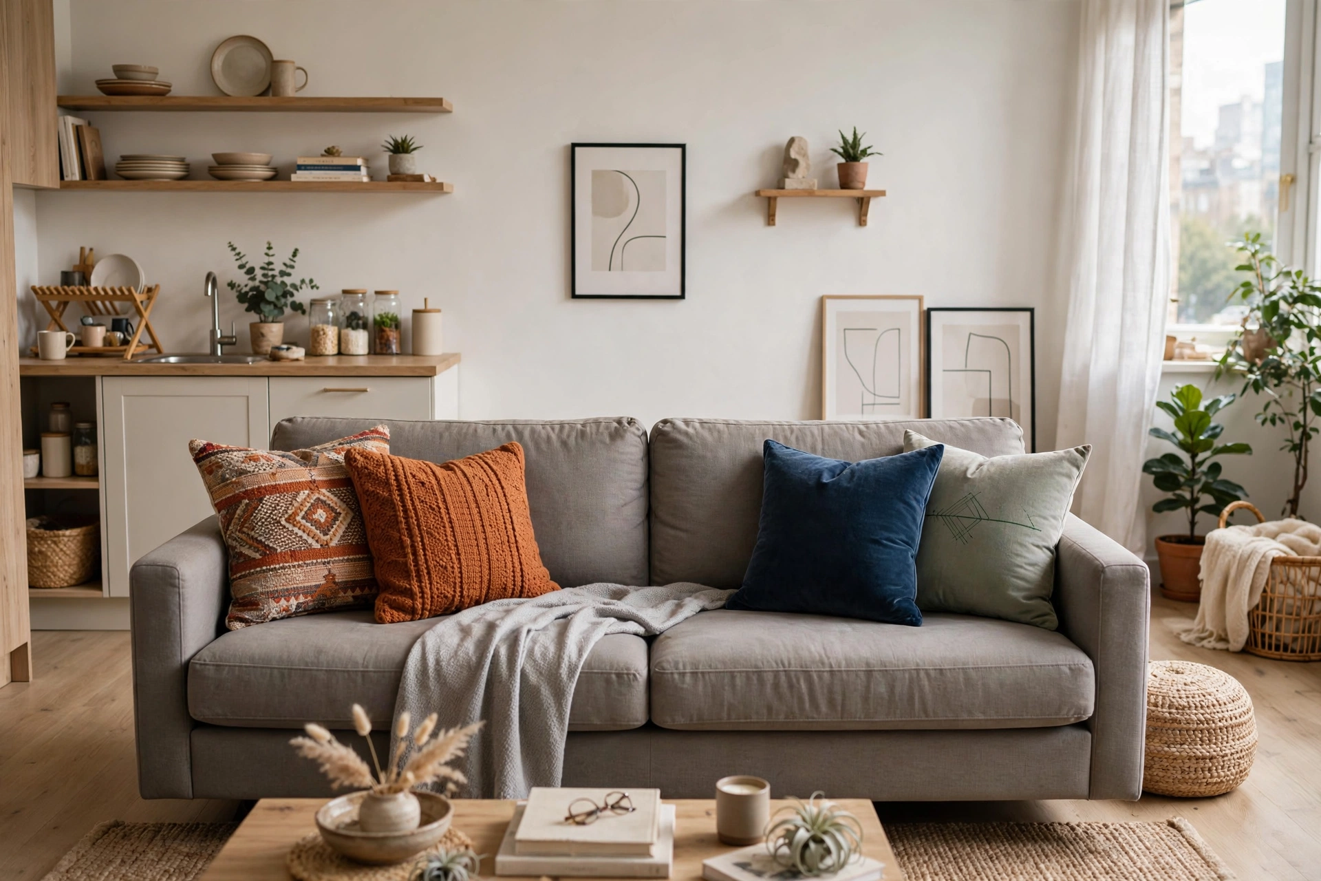 Neutral sofa with two different accent cushion styles showing each partner's taste in a studio
