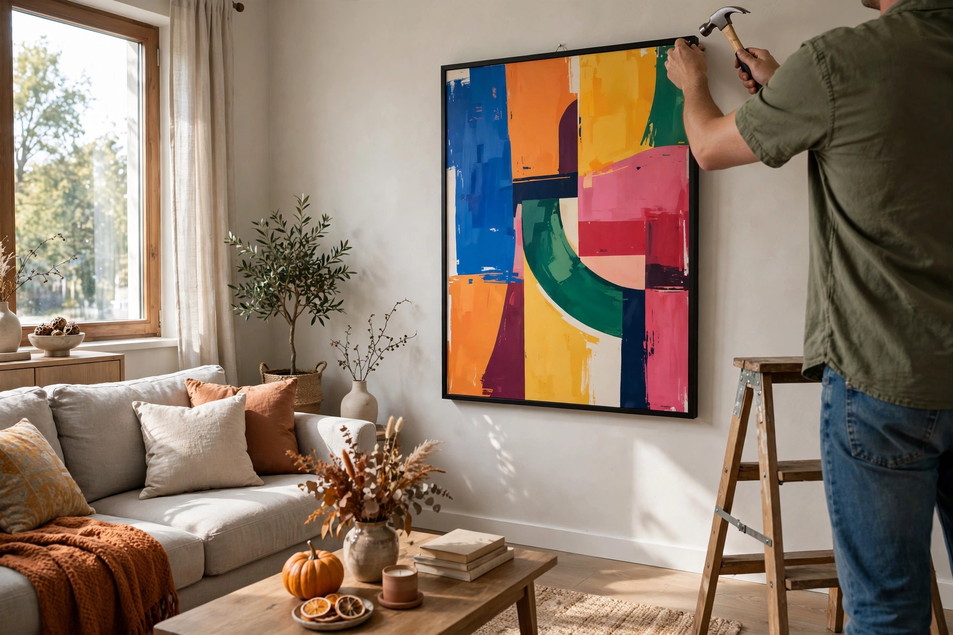 Bold statement art print being hung in a studio apartment as part of seasonal decor rotation