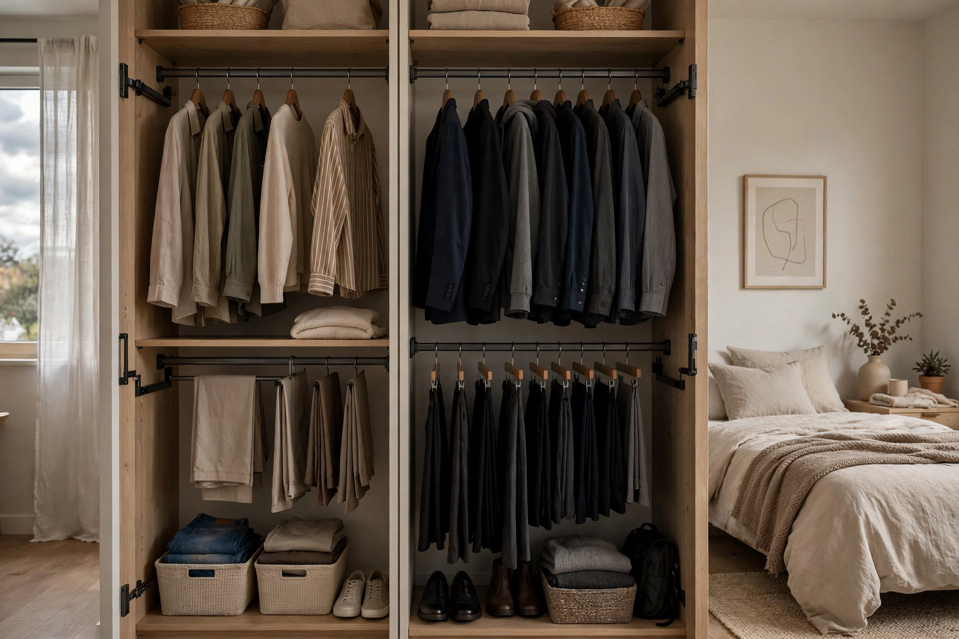 Shared closet divided into two organized sides with double-hang rods in a studio apartment