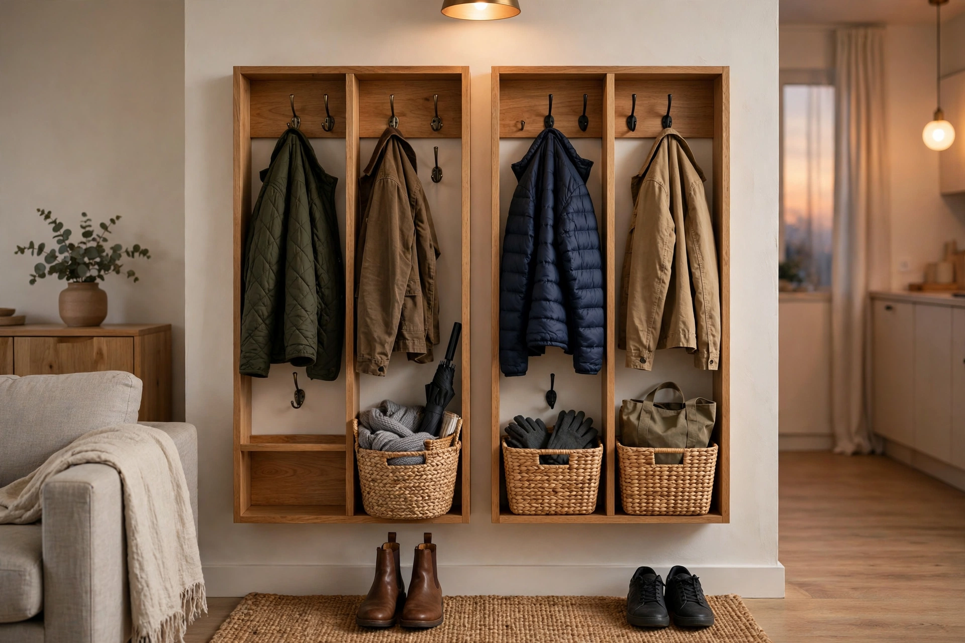 Entryway organizer with two labeled sections, hooks and baskets for two people in a studio