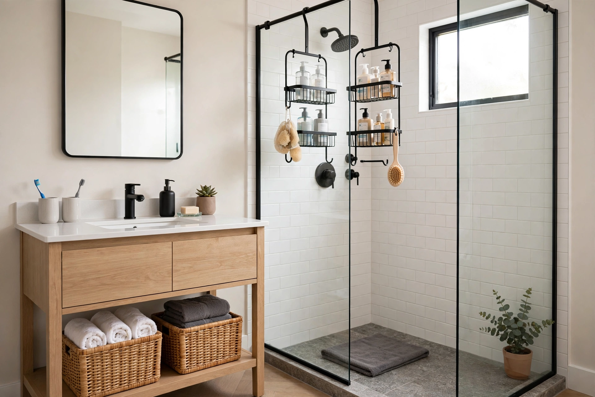 Small bathroom with two organized shower caddies and dual storage for a couple