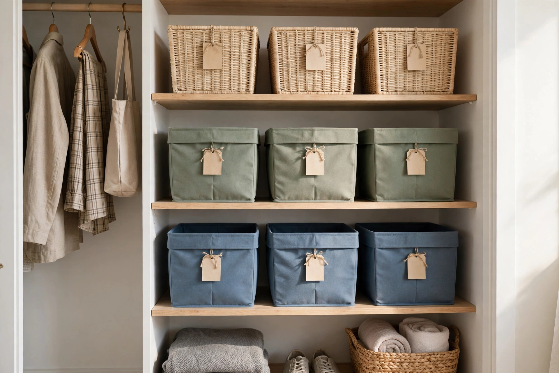 Labeled storage bins on shelves, organized per person in a studio apartment closet