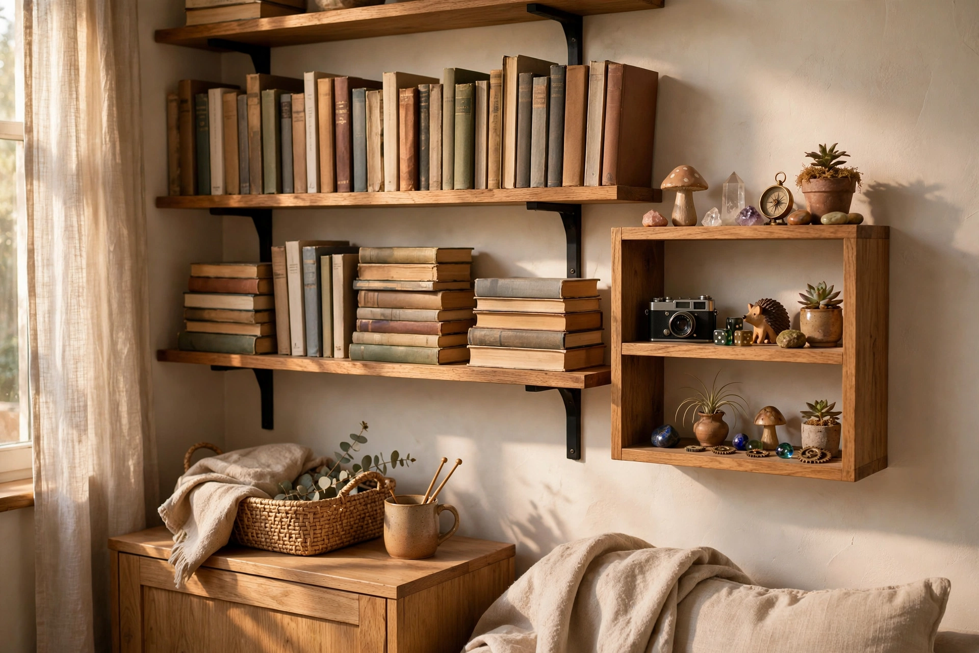 Wall shelves with shared books and one personal hobby shelf in a studio apartment