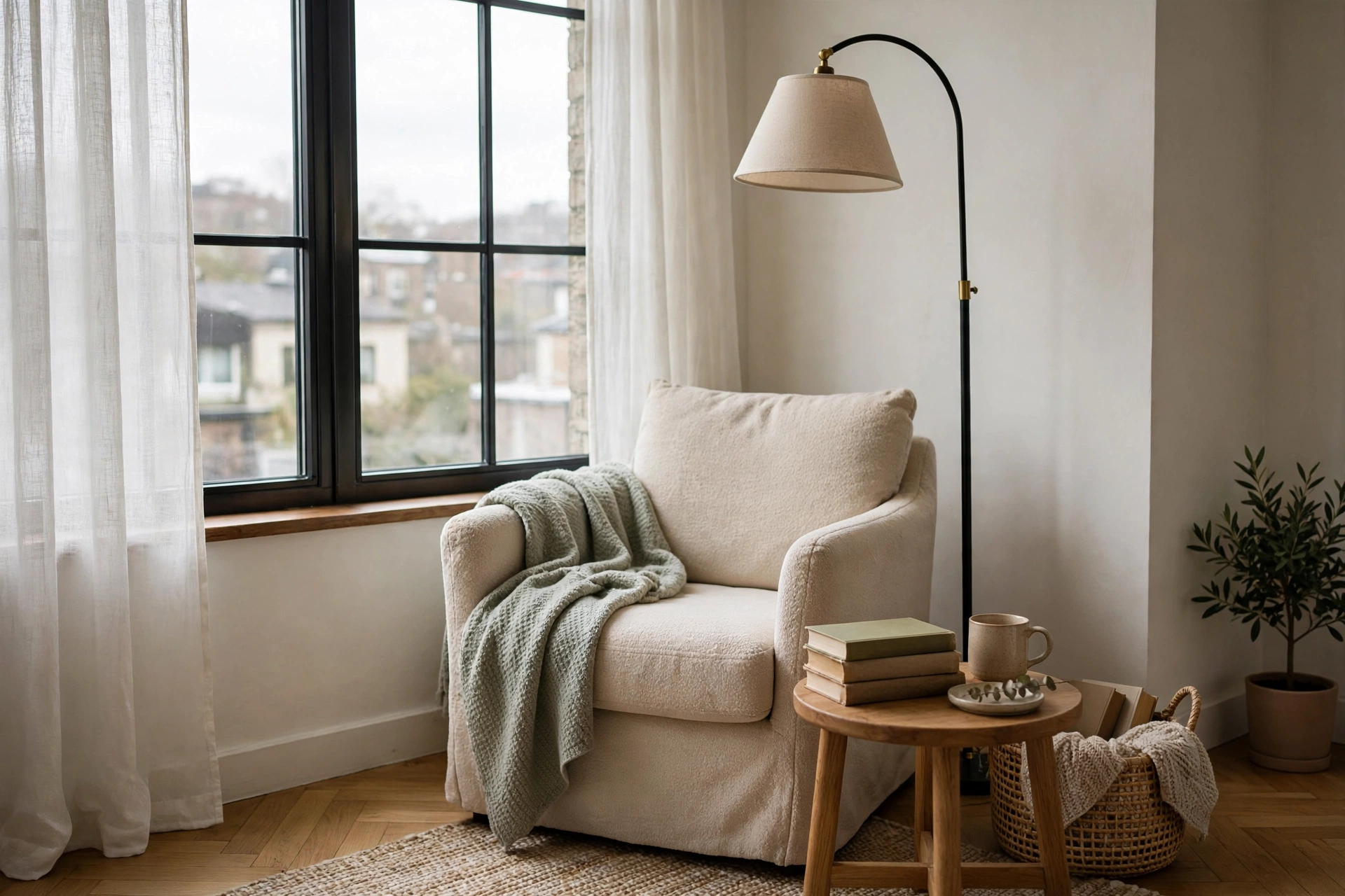 Cozy reading chair with lamp and side table in a quiet studio apartment corner