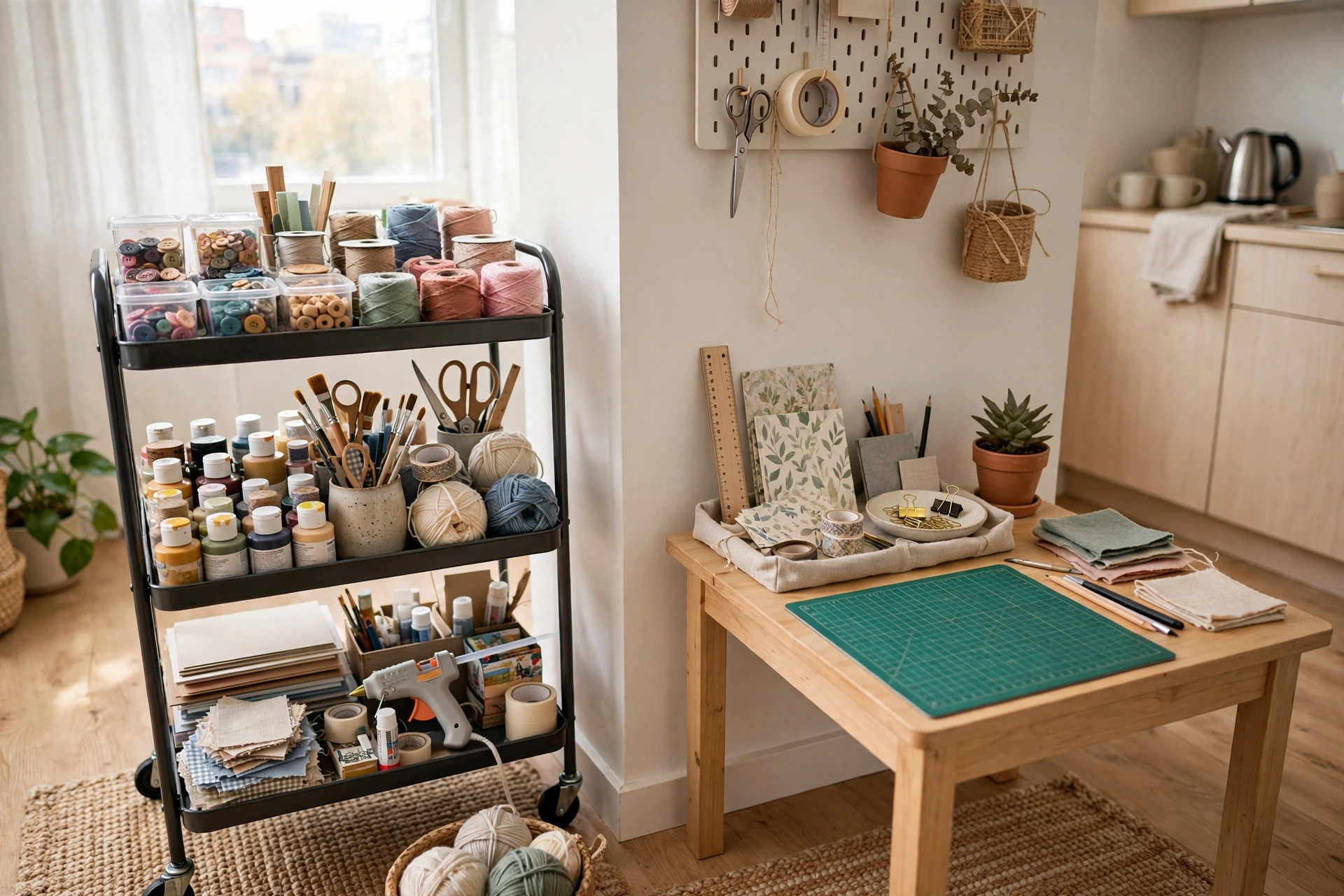Compact craft hobby corner with rolling cart and supplies in a studio apartment