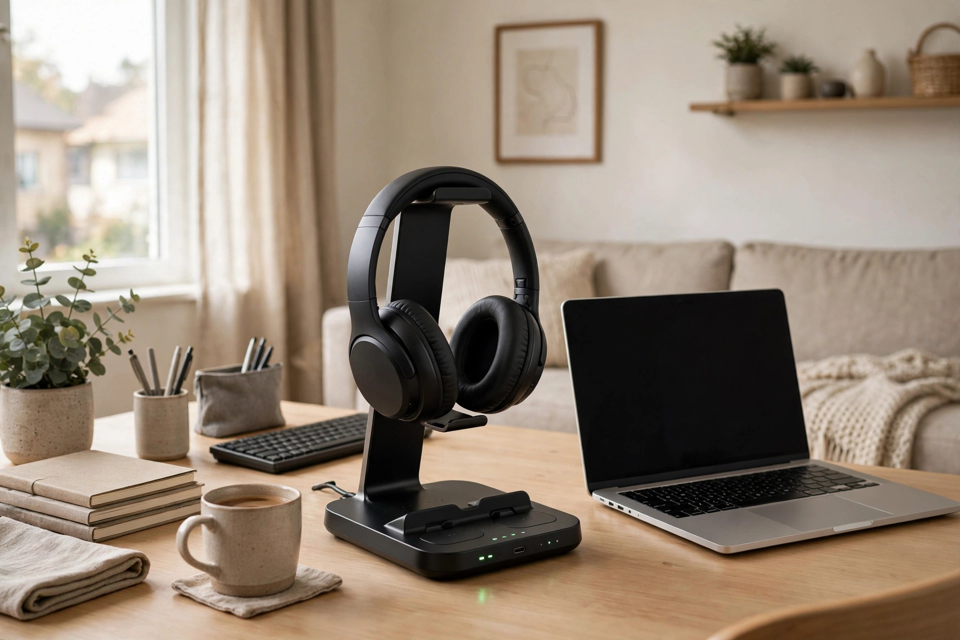 Headphone stand with charging station on a desk in a studio apartment work zone