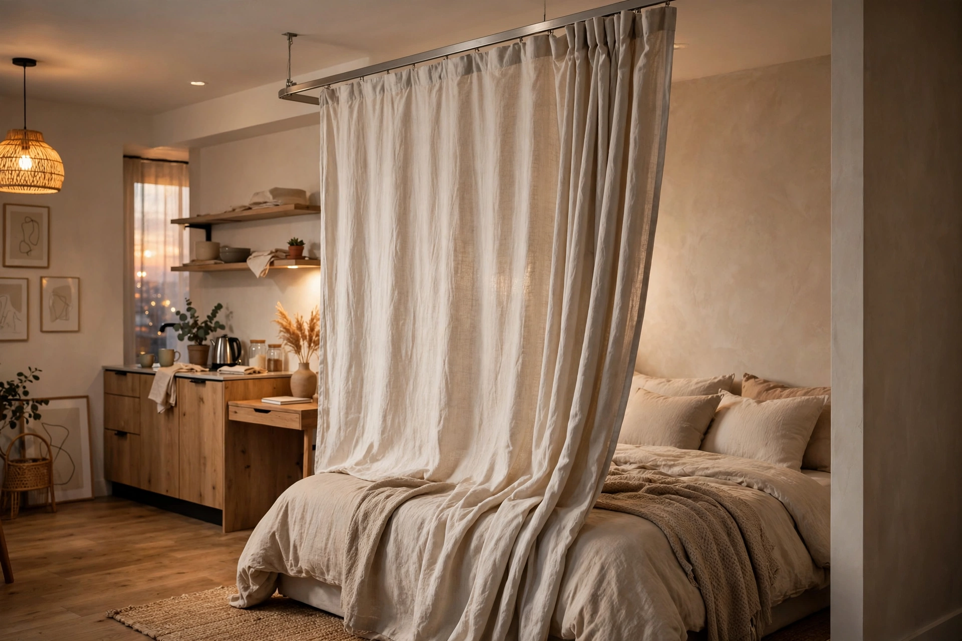 Ceiling-mounted curtain divider creating a private nook in a studio apartment