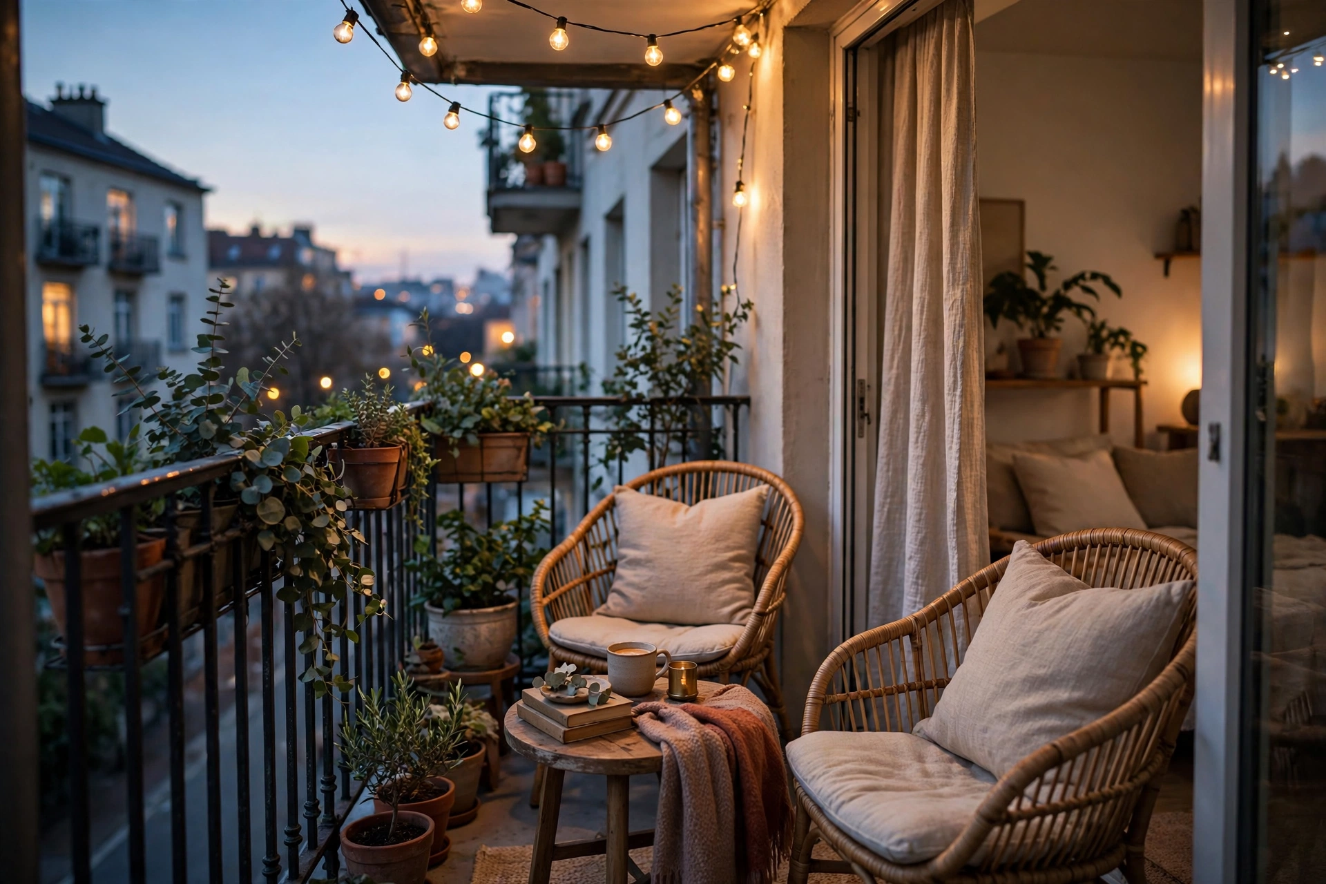 Small balcony with two chairs and string lights as a second room escape in a studio