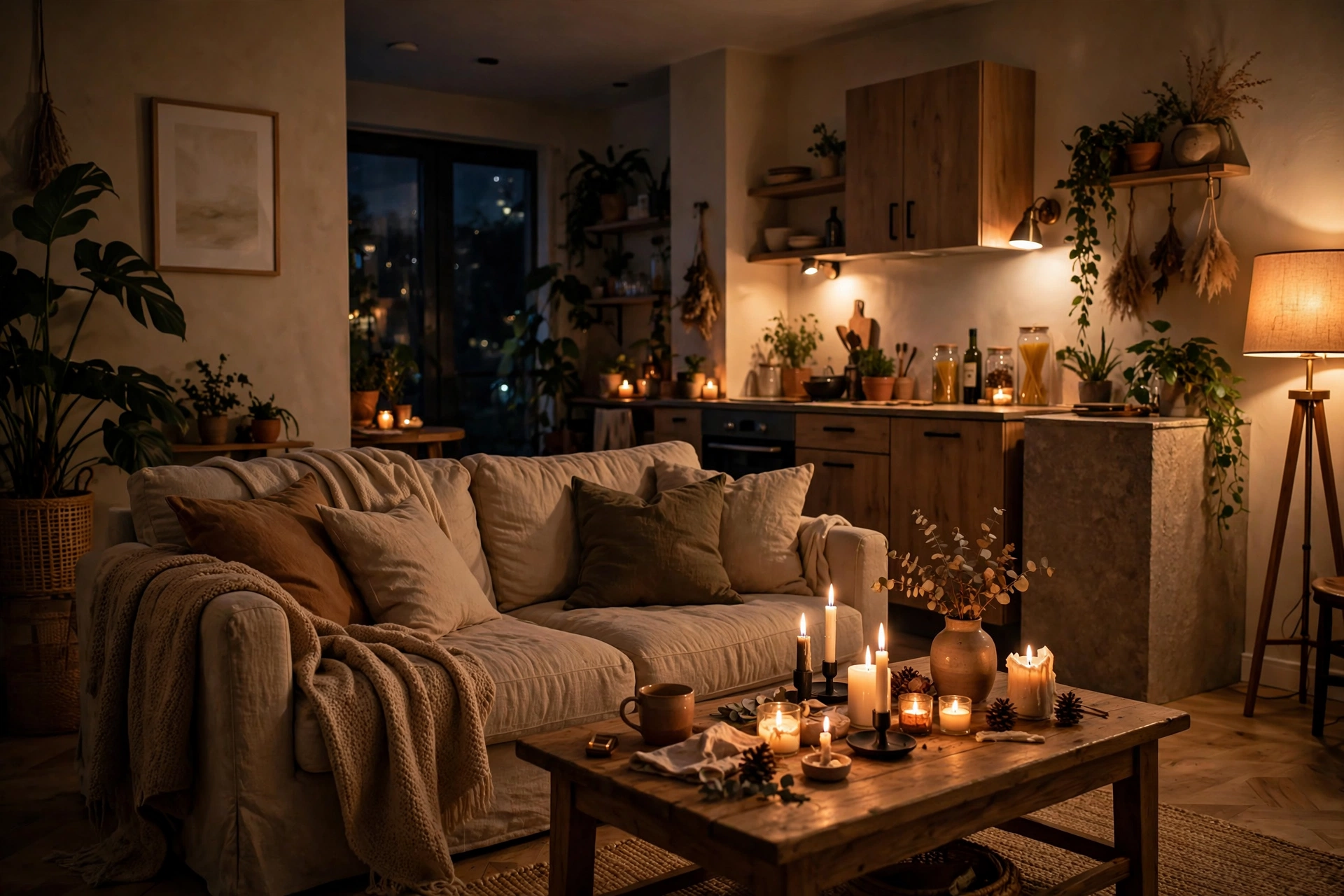 Studio apartment living zone with dimmed warm lighting and candles for romantic mood