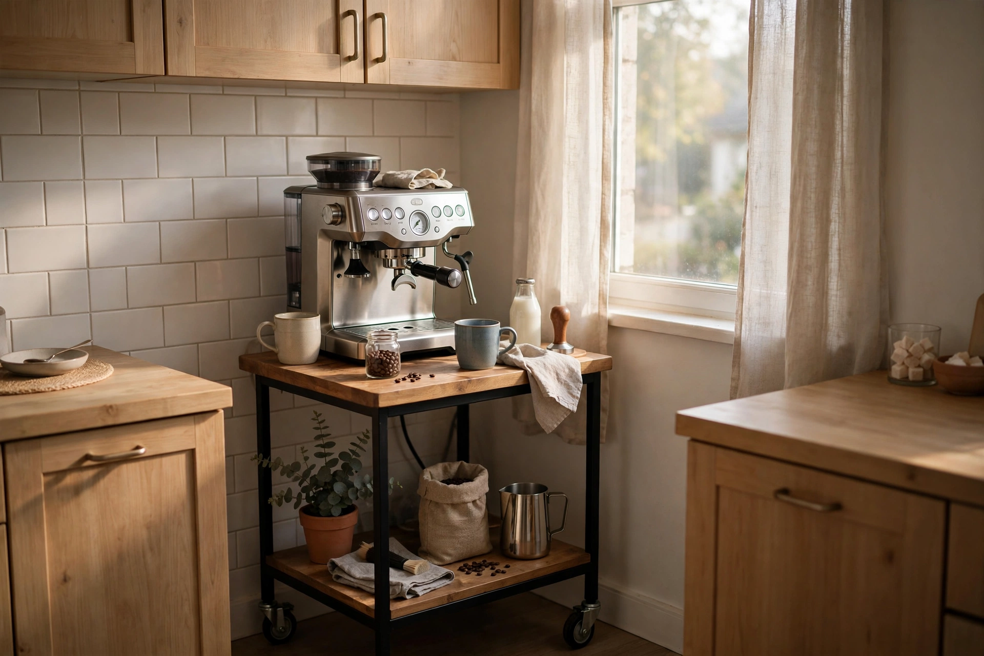 Morning coffee station with machine and two mugs on a small cart in a studio kitchen