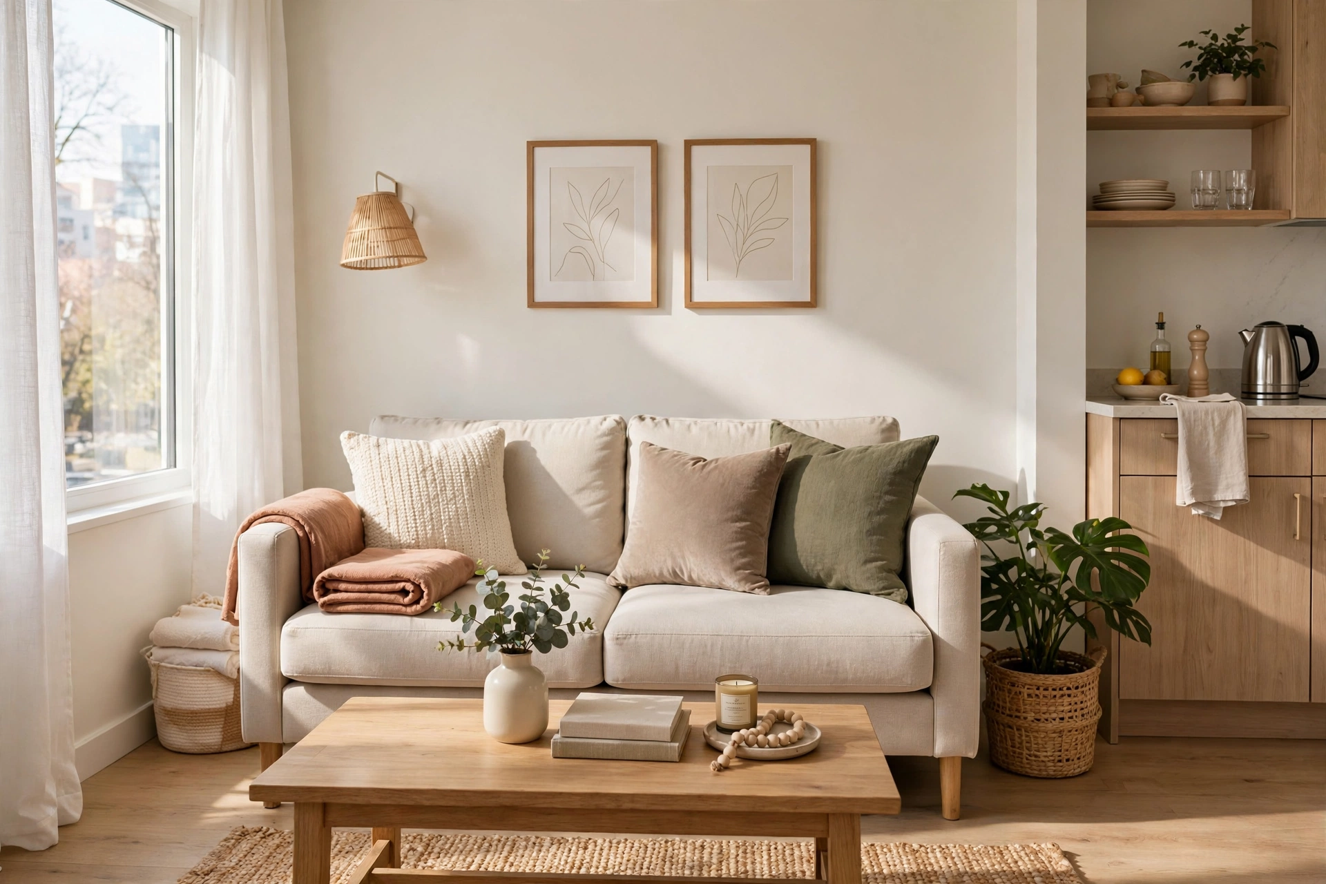 Tidy studio apartment living area with throw blanket and cushions, guest-ready in minutes