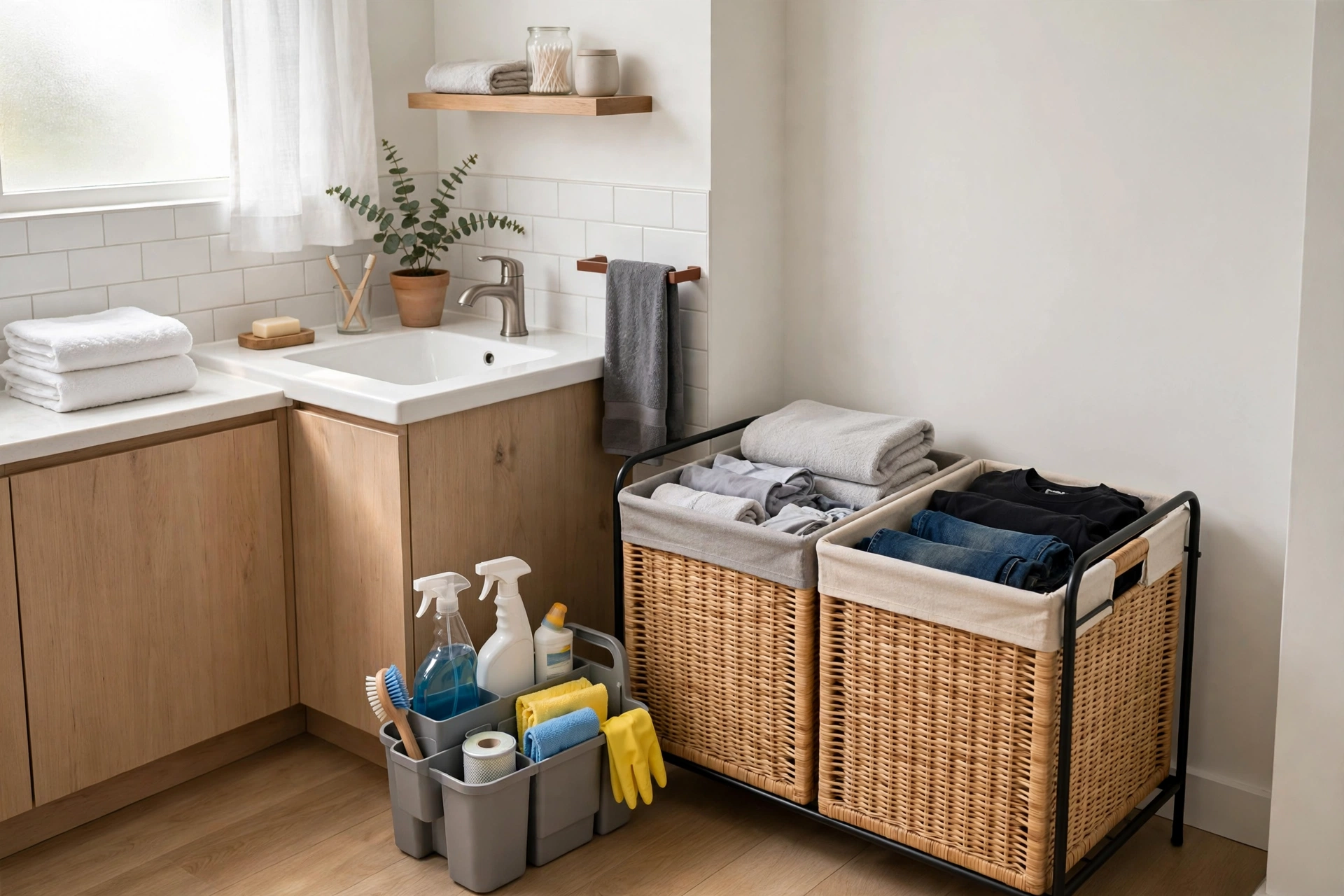 Organized laundry and cleaning supply zone with dual hamper in a studio apartment