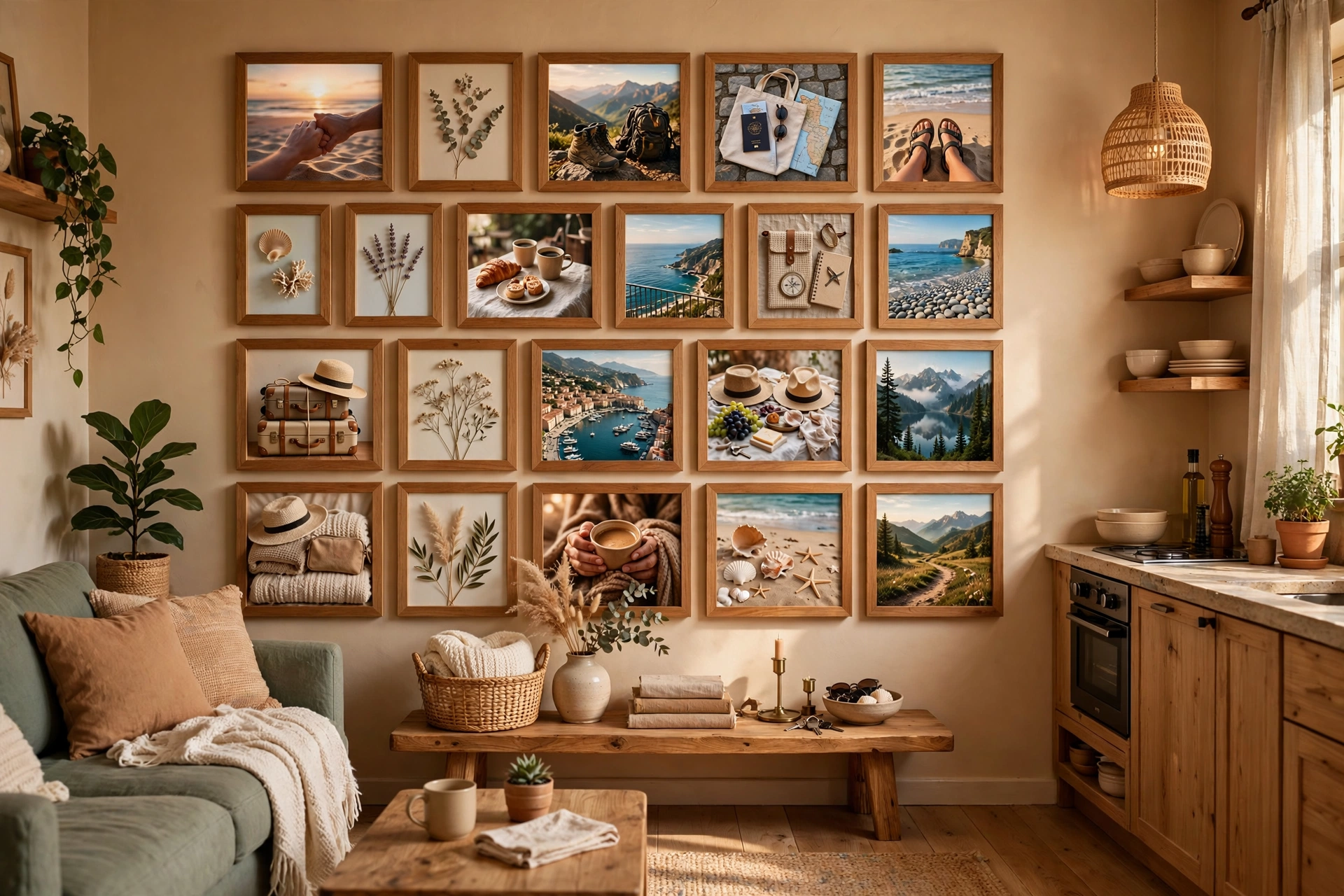 Memory wall with framed couple photos and mementos in a cozy studio apartment