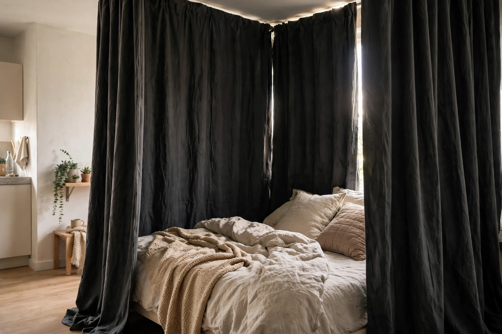 Dark charcoal blackout curtains drawn closed around a bed zone in a small studio apartment
