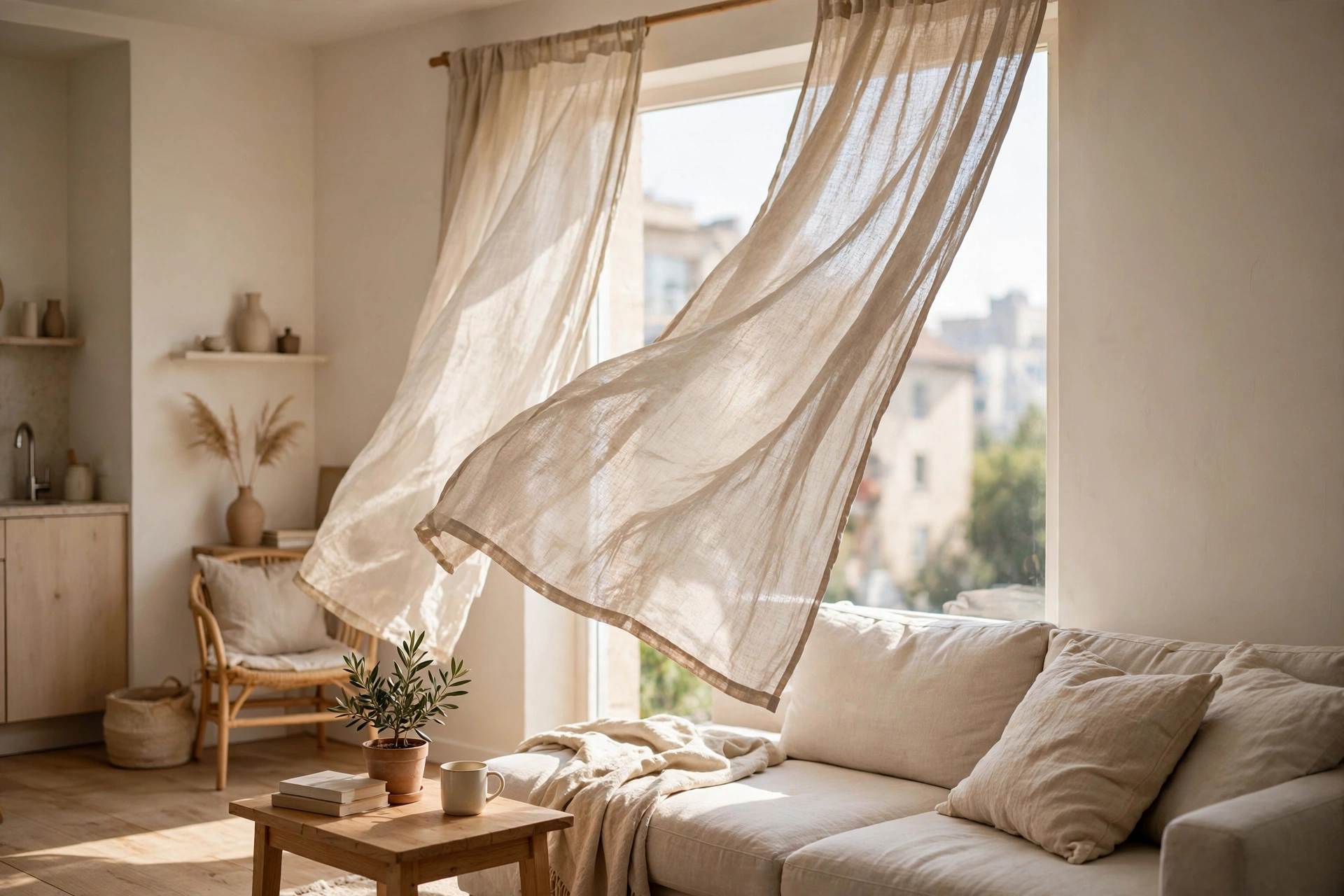 Natural linen curtains billowing softly in front of a bright studio apartment window