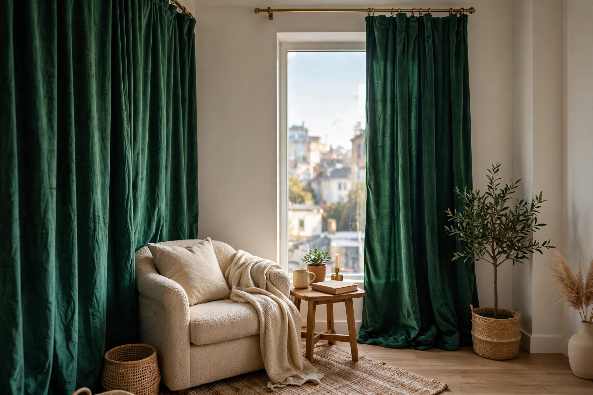 Emerald green velvet curtains framing a tall window in a cozy studio apartment living area
