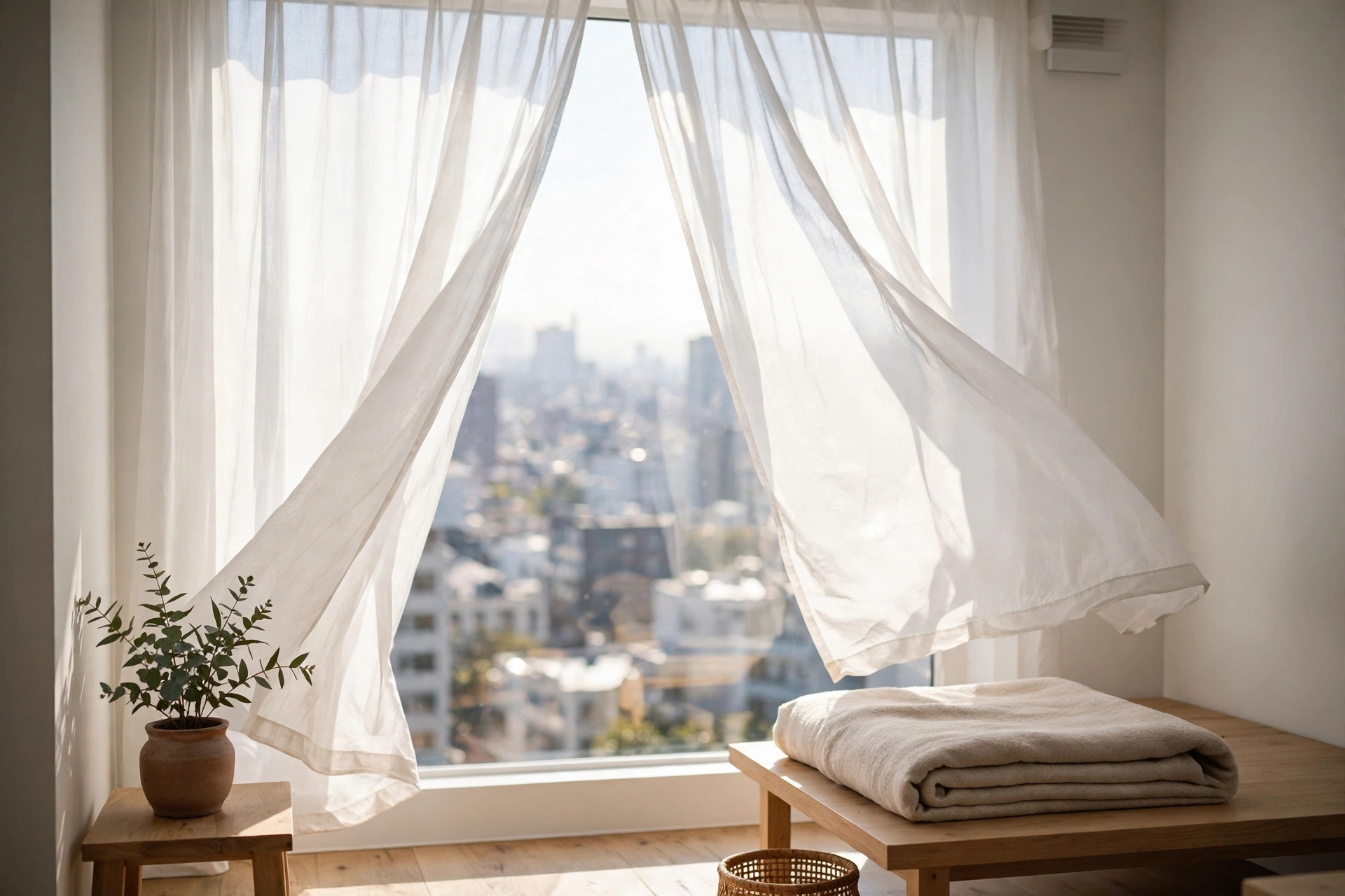 White sheer curtains glowing with daylight in a small bright studio apartment