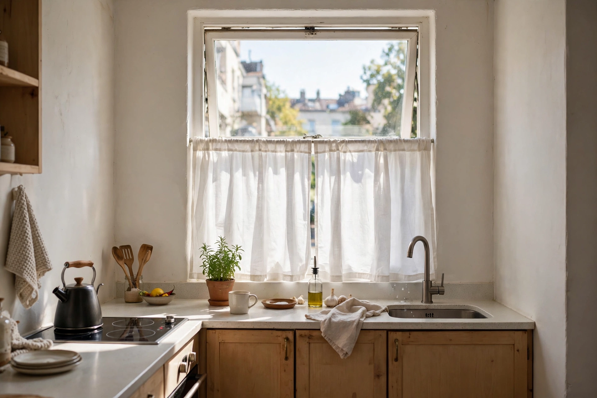 White cotton cafe curtains on a small kitchen window in a studio apartment