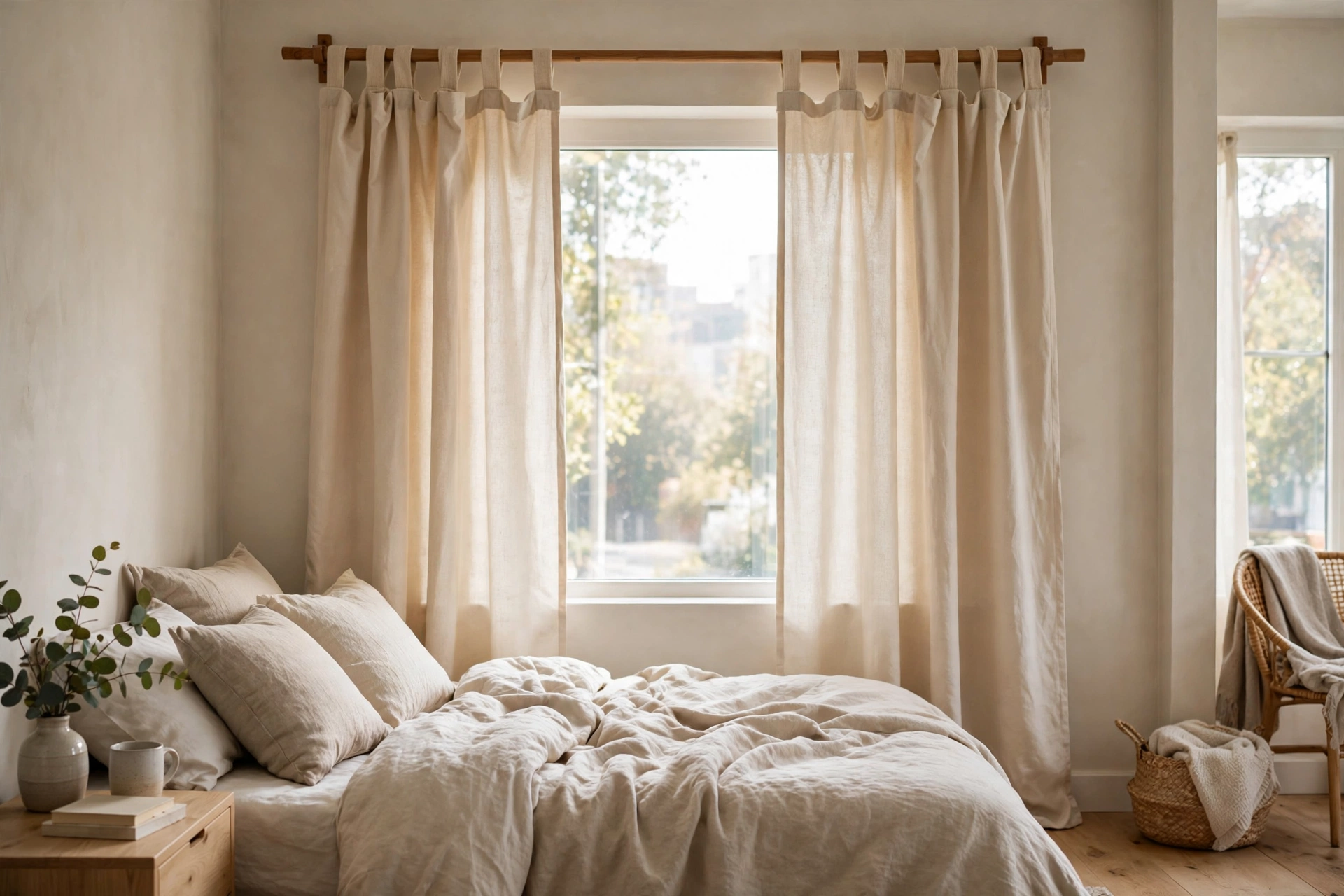 Casual cotton tab-top curtains in warm beige on a studio apartment bedroom window