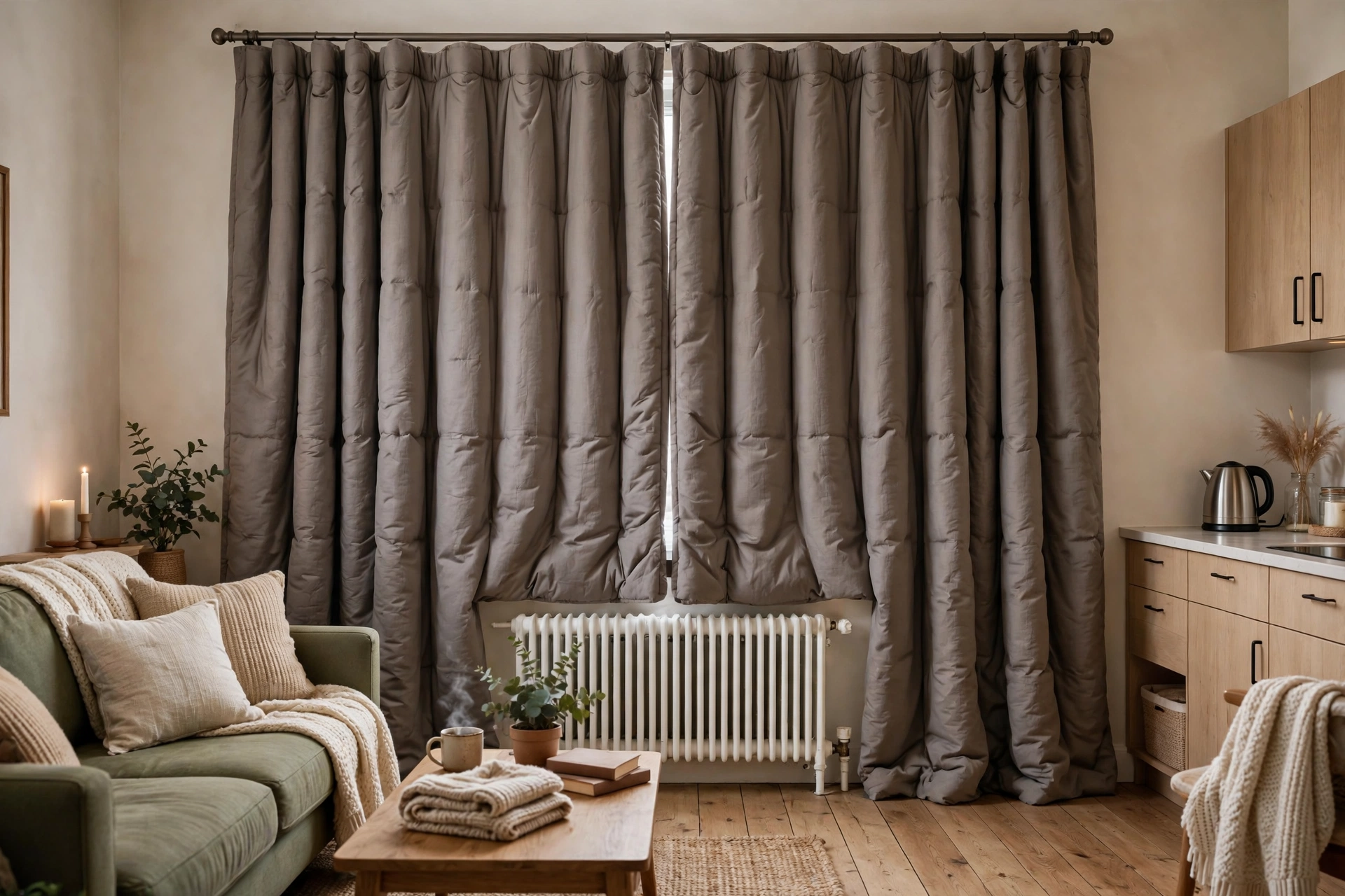 Thick thermal insulated curtains in warm gray on a large window of a studio apartment in winter light