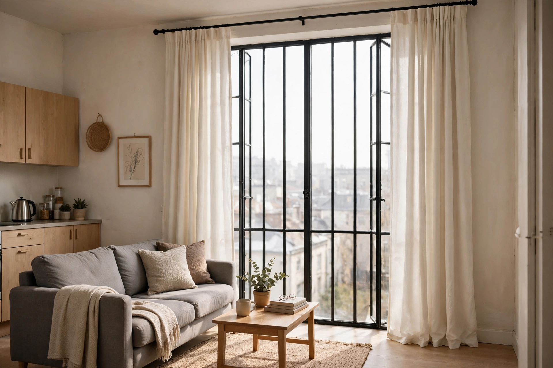 Curtain rod mounted near the ceiling with long floor-length panels in a studio apartment