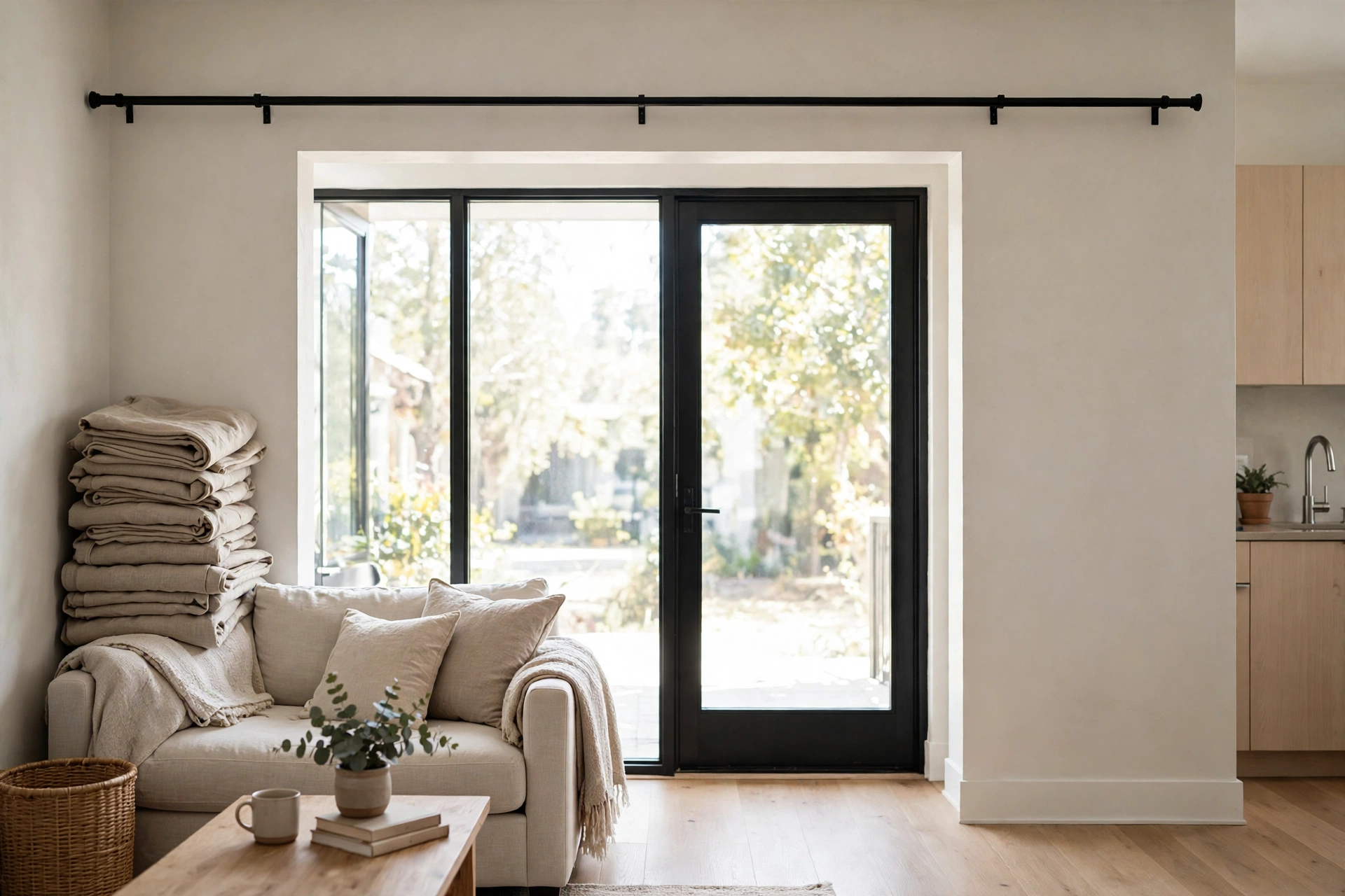 Wide curtain rod extending past the window frame with panels stacked on the wall in a studio