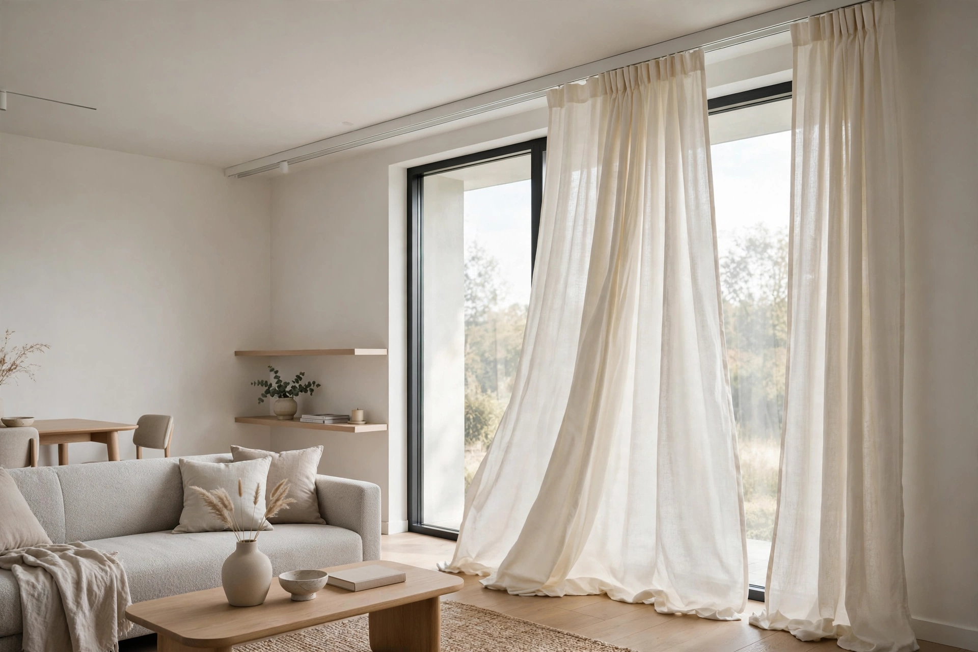 White ceiling-mounted curtain track with flowing panels in a modern studio apartment