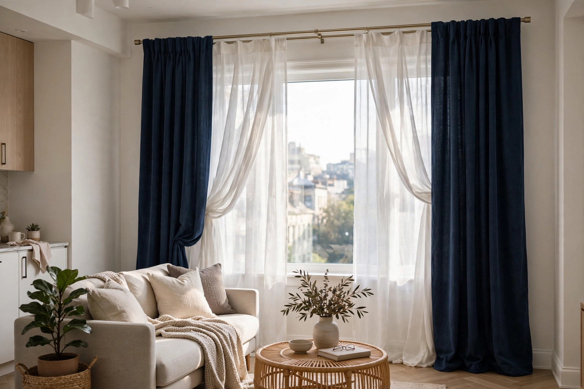 Double curtain rod with sheer white panels behind rich blackout drapes in a studio apartment