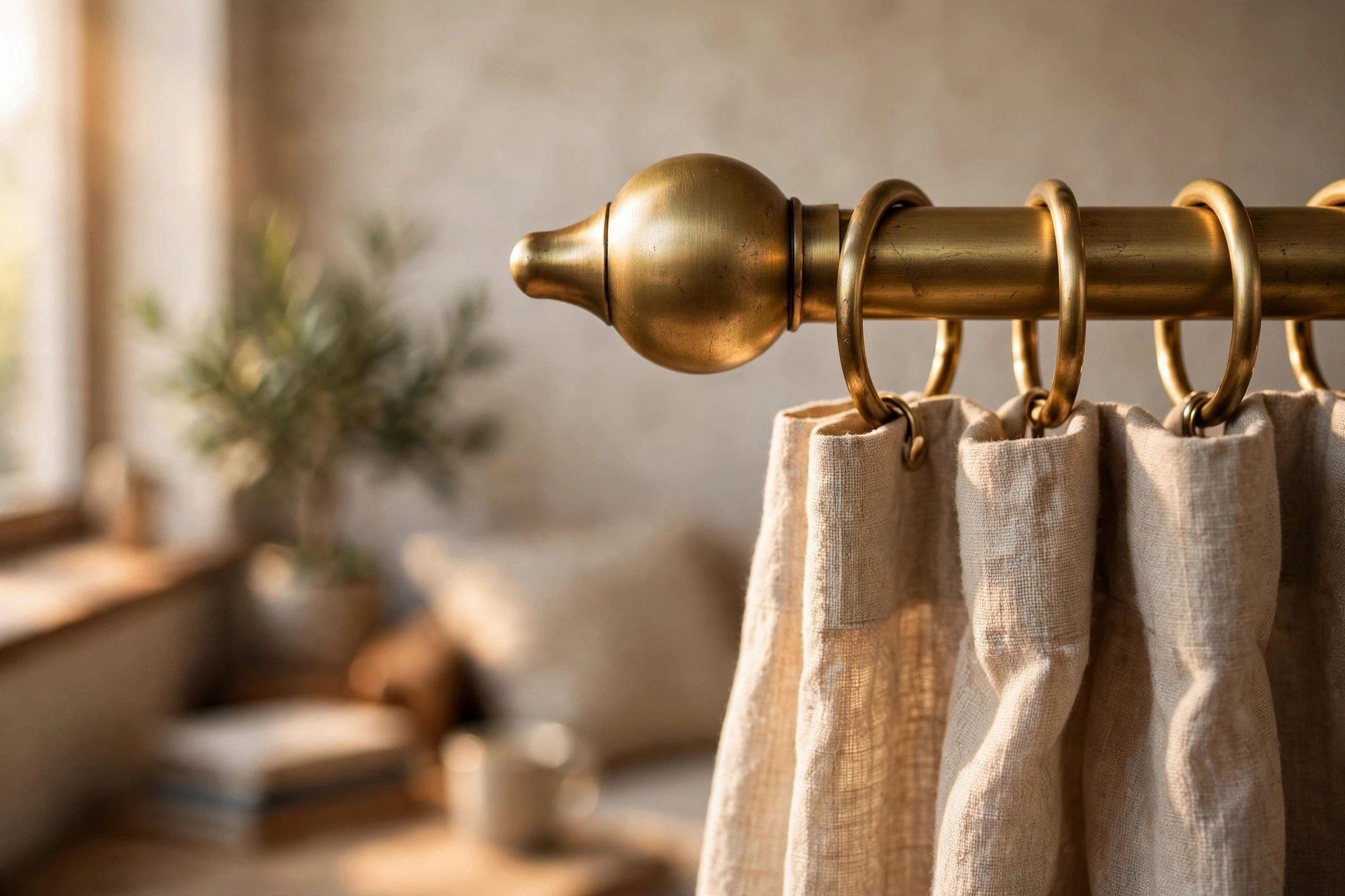 Close-up of brushed brass curtain rod finials and rings holding linen drapes in a studio