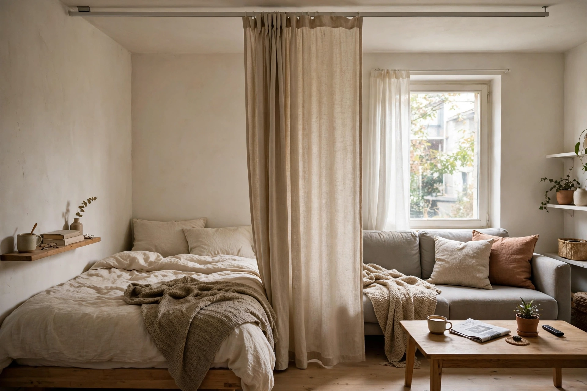 Beige curtain panel on a ceiling track dividing a bed zone from the living area in a studio apartment
