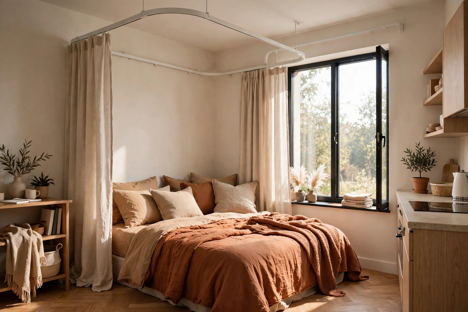 L-shaped ceiling curtain track wrapping around a cozy bed nook in a studio apartment corner