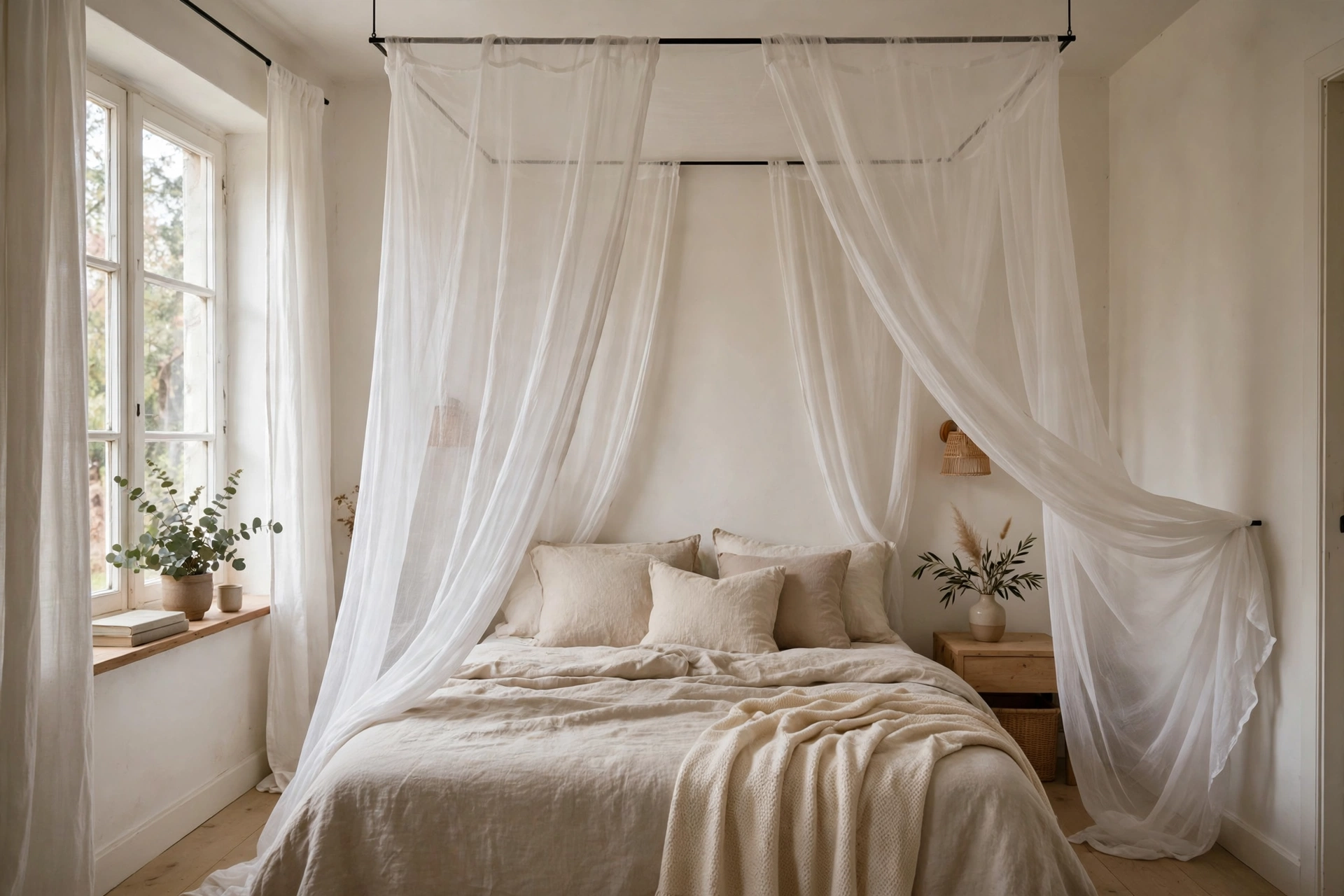 Sheer white canopy drapes over a bed in a small studio apartment bedroom zone