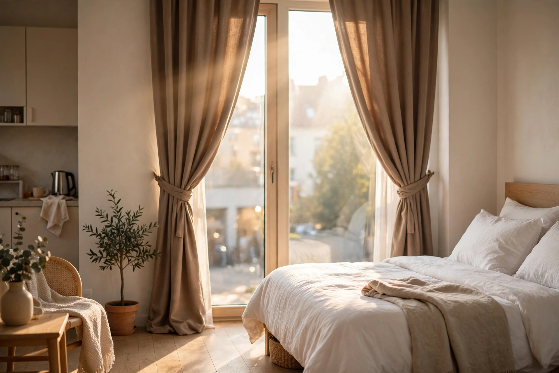Bedroom curtains held open with fabric tie-backs letting morning light into a studio apartment