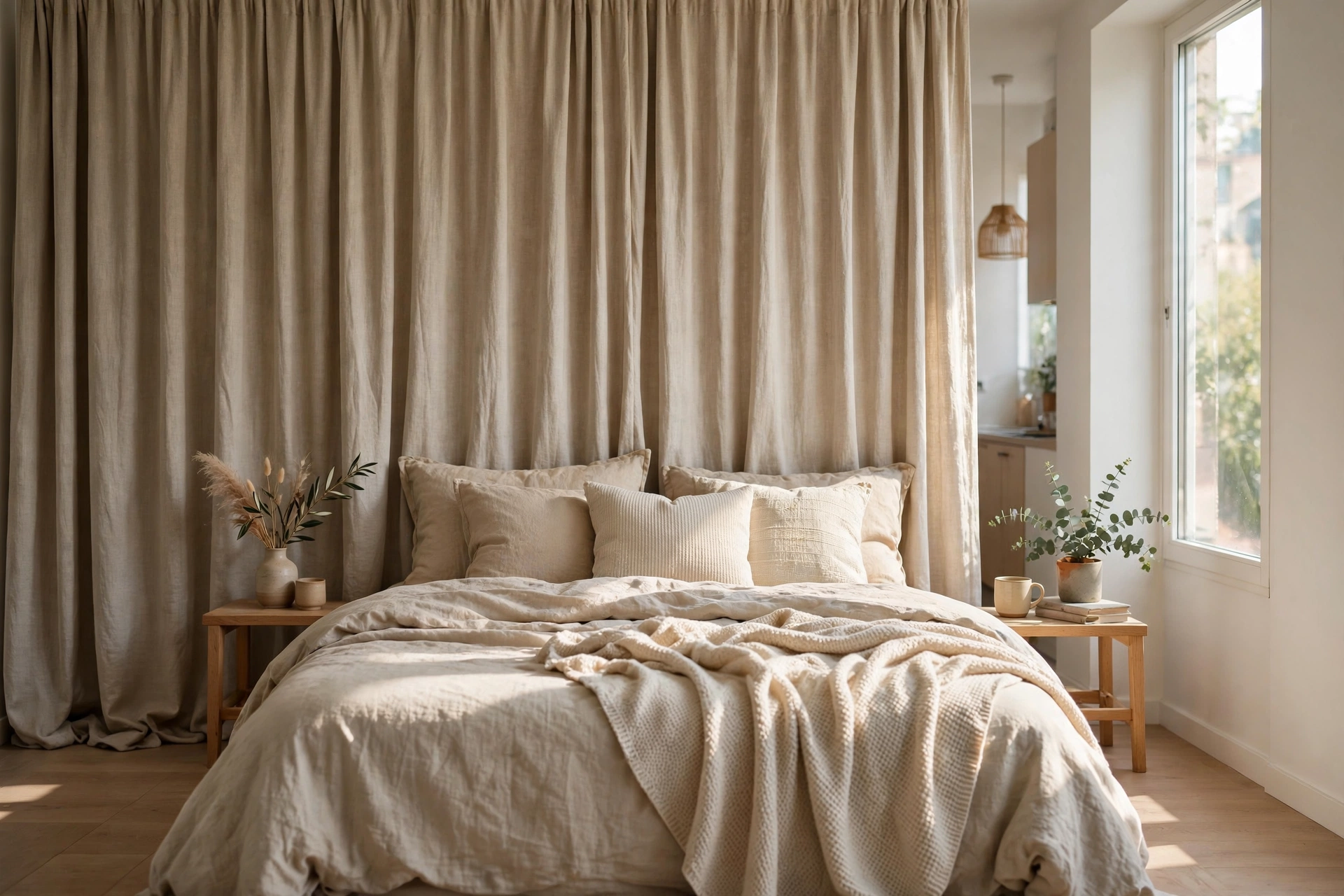 Full wall of textured beige curtains behind a bed acting as a soft headboard in a studio