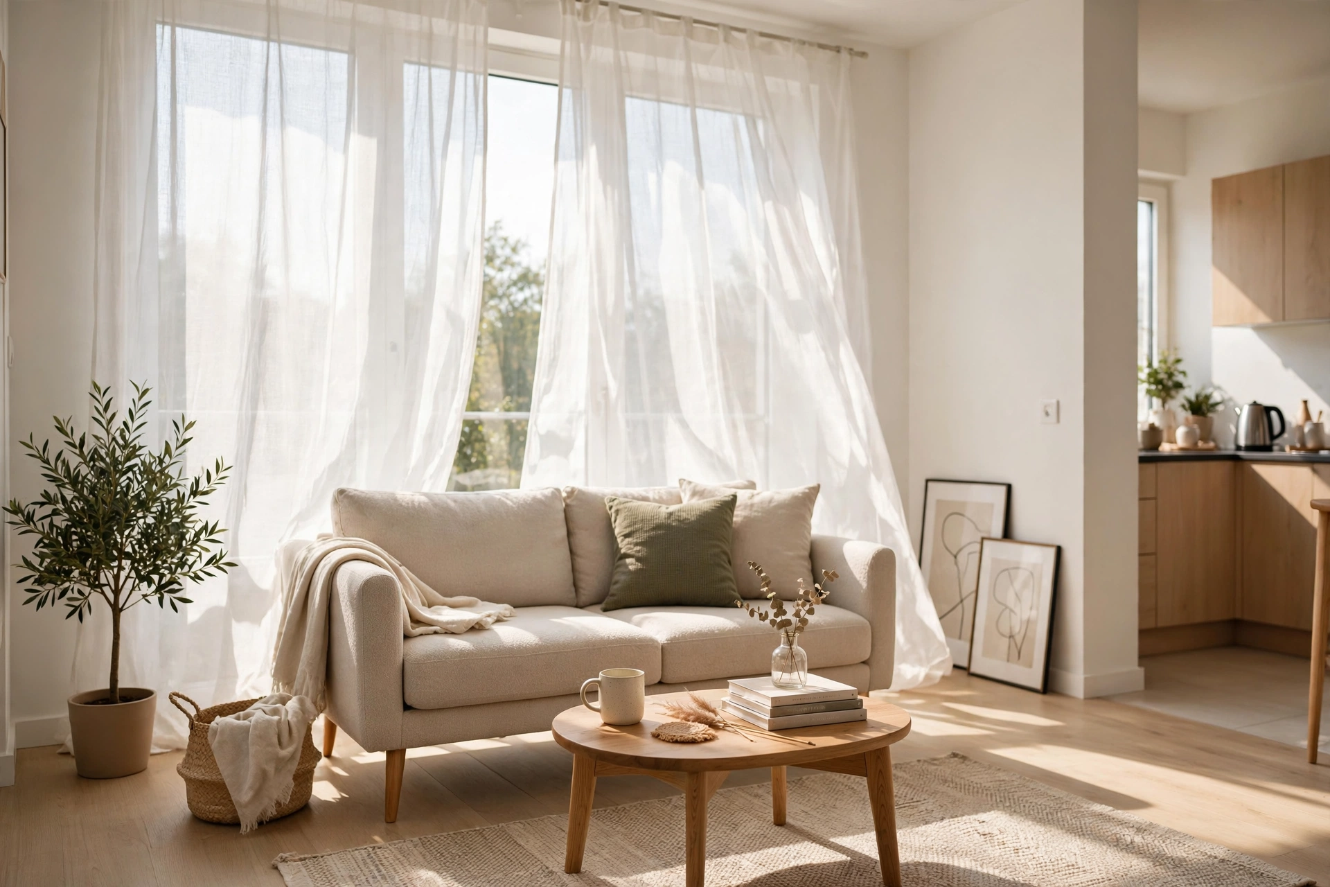 Bright white sheer curtains in the living zone of a studio apartment with a small sofa